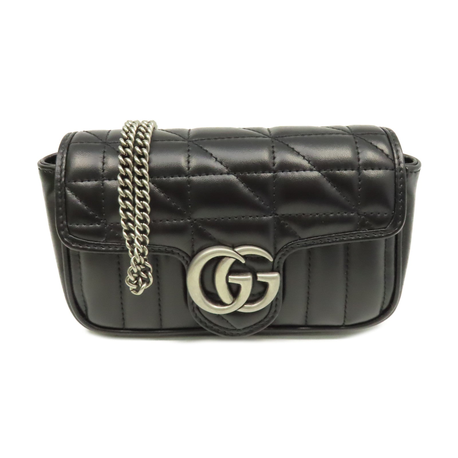 GUCCI 牛皮皮革GG Marmont Shoulder Bag金扣鏈帶肩背袋黑色