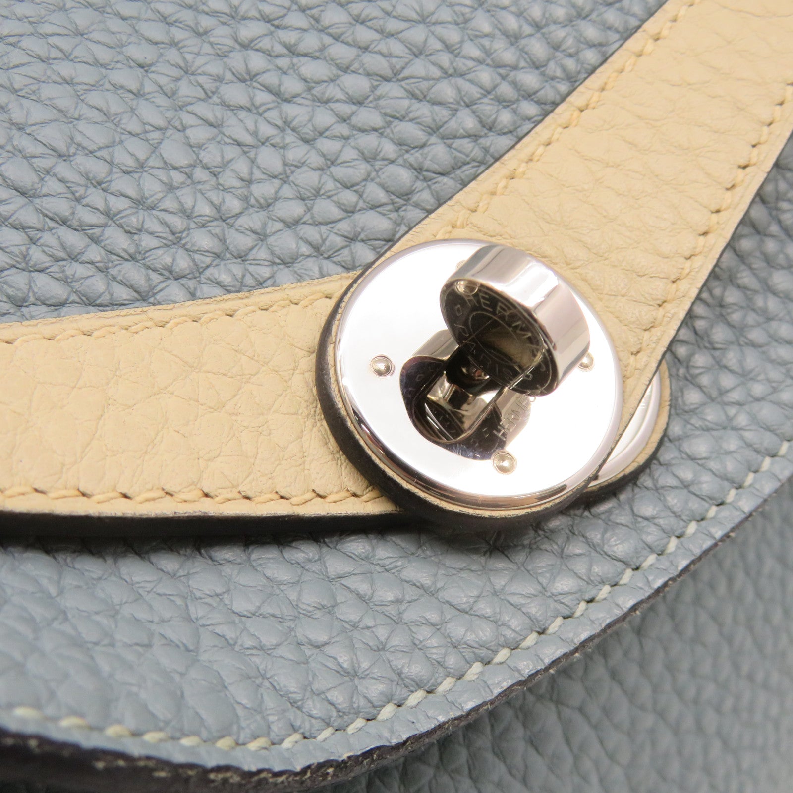 HERMES Clemence皮革Lindy 30 Shoulder Bag银扣肩背袋Ciel/Parchemin米白色/蓝色