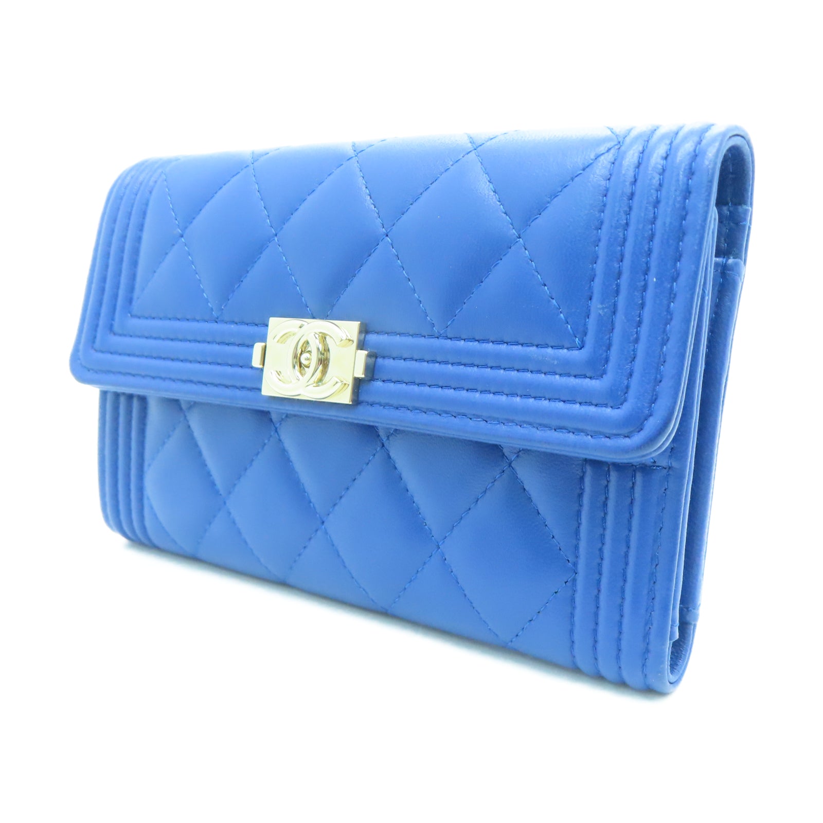 CHANEL 菱格羊皮皮革Wallet金扣长钱包蓝色