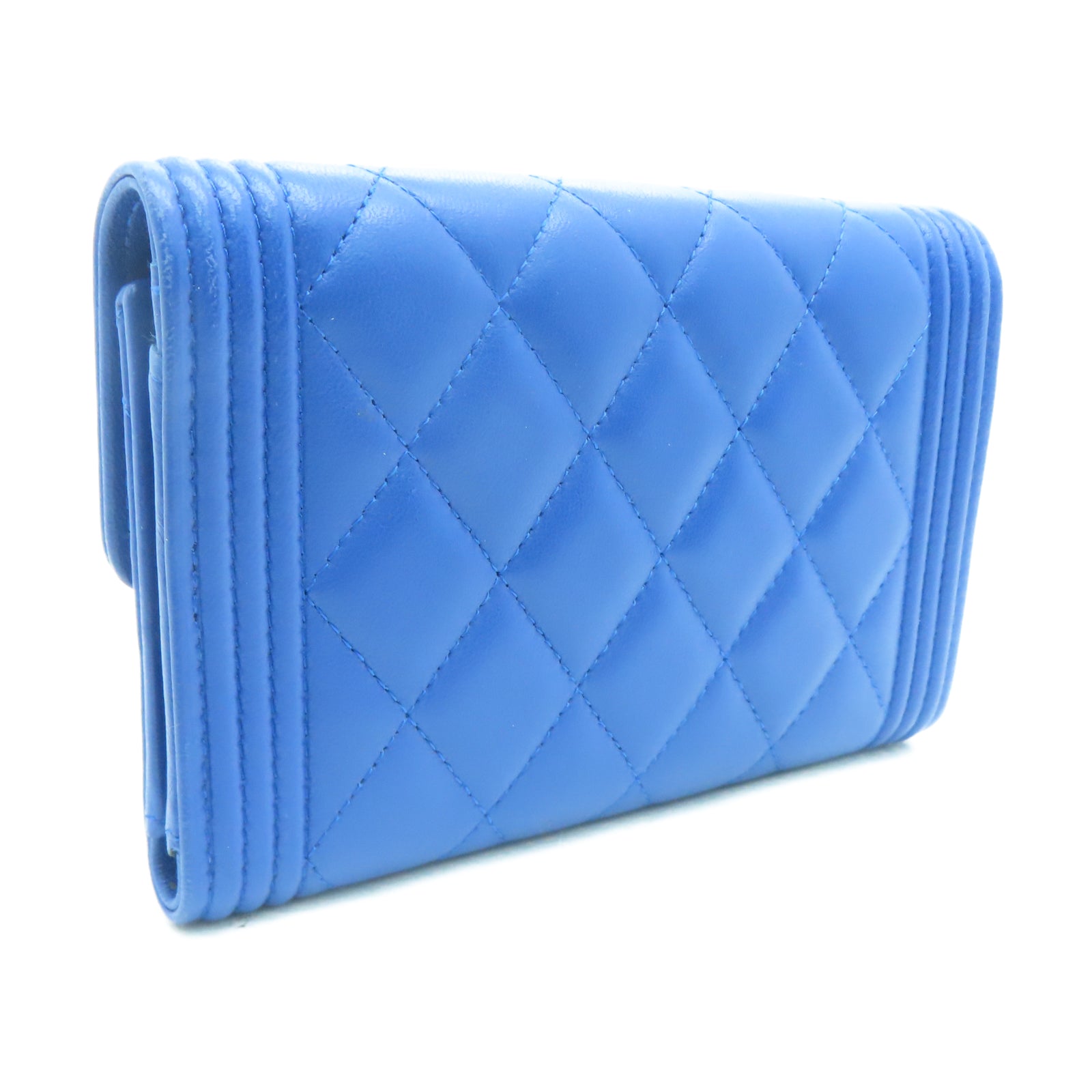 CHANEL 菱格羊皮皮革Wallet金扣长钱包蓝色