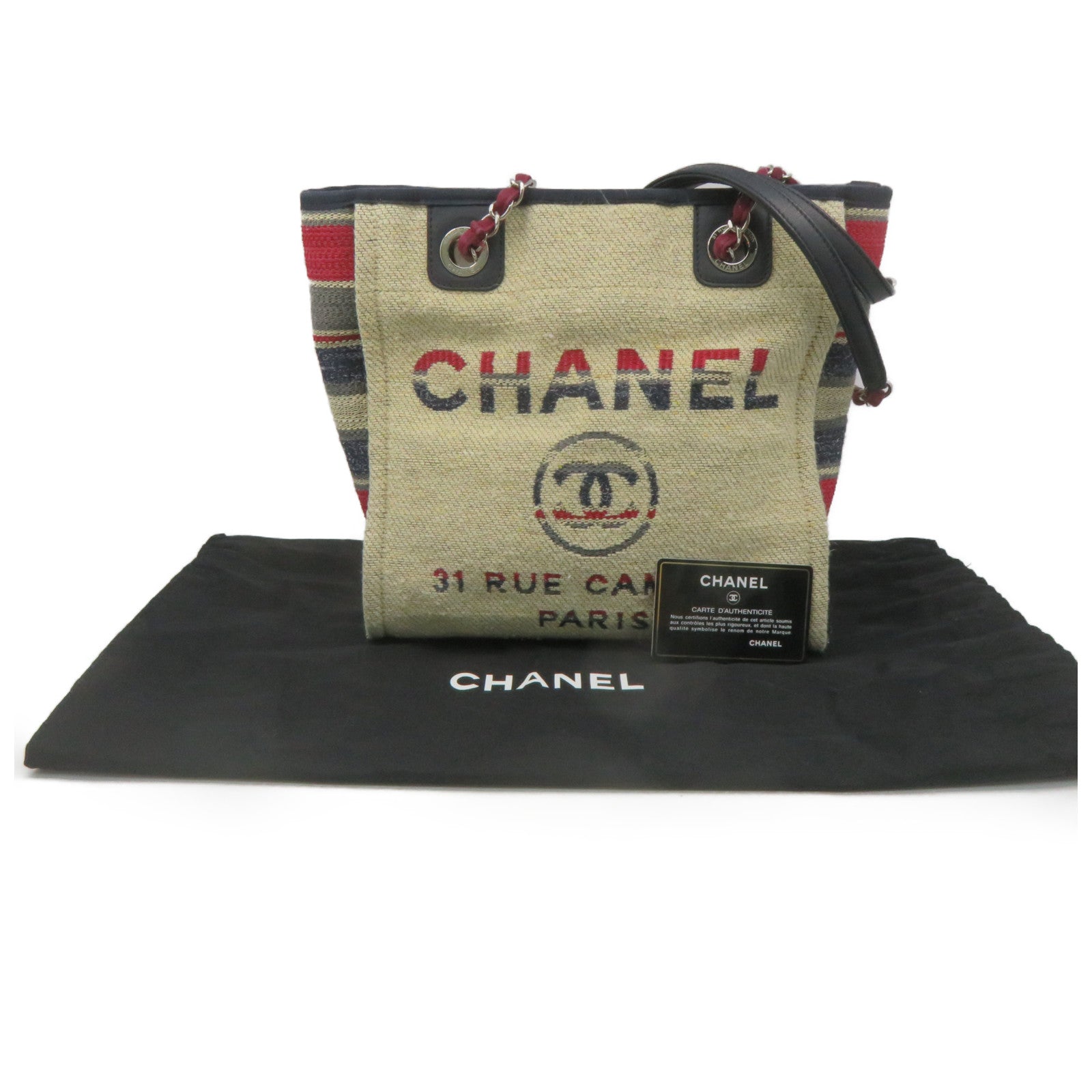 CHANEL 帆布Tote Bag銀扣鏈帶肩背袋杏色/酒紅色/藍色