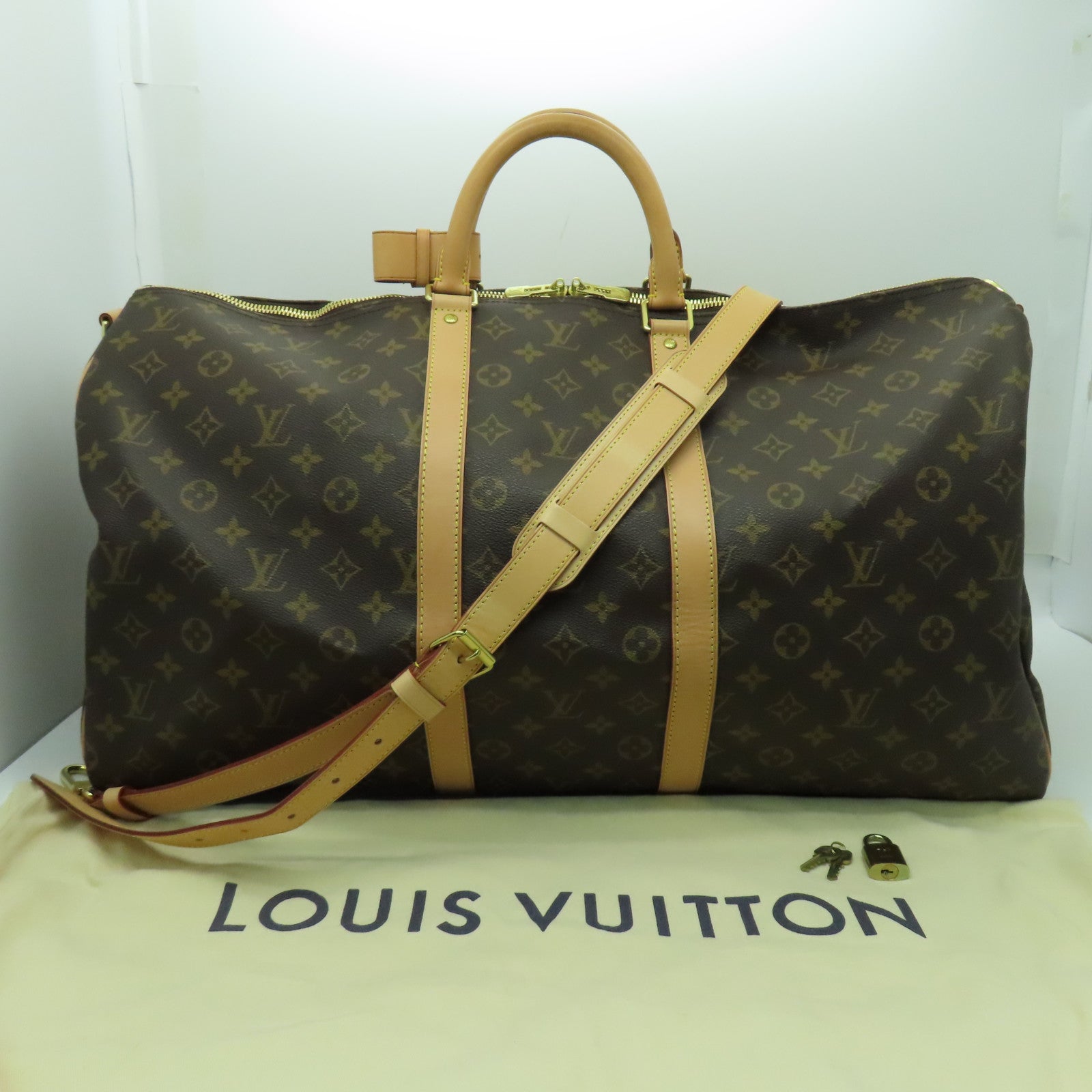 LOUIS VUITTON Monogram Keepall 55金扣手挽肩背兩用袋啡色