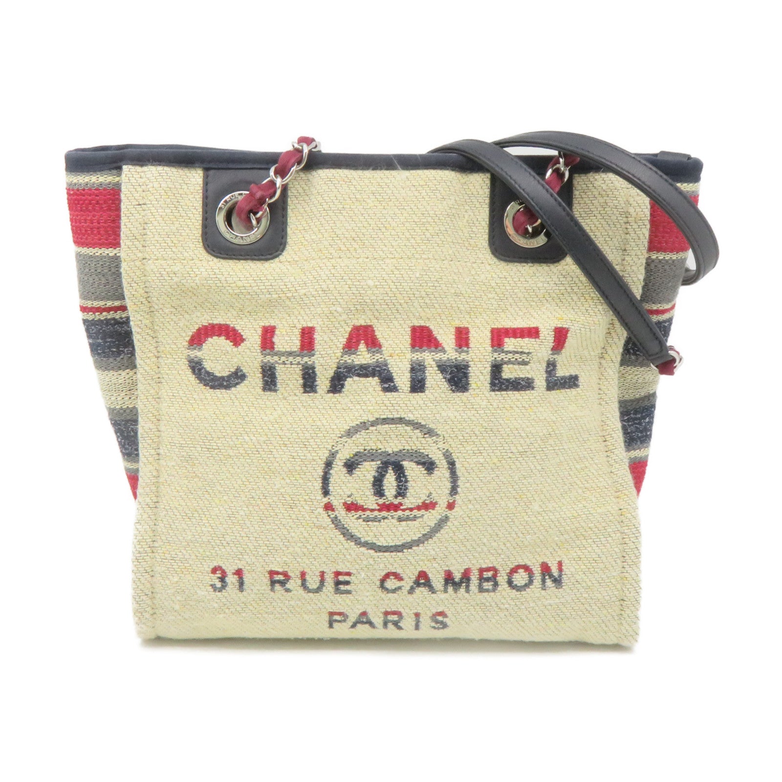 CHANEL 帆布Tote Bag銀扣鏈帶肩背袋杏色/酒紅色/藍色