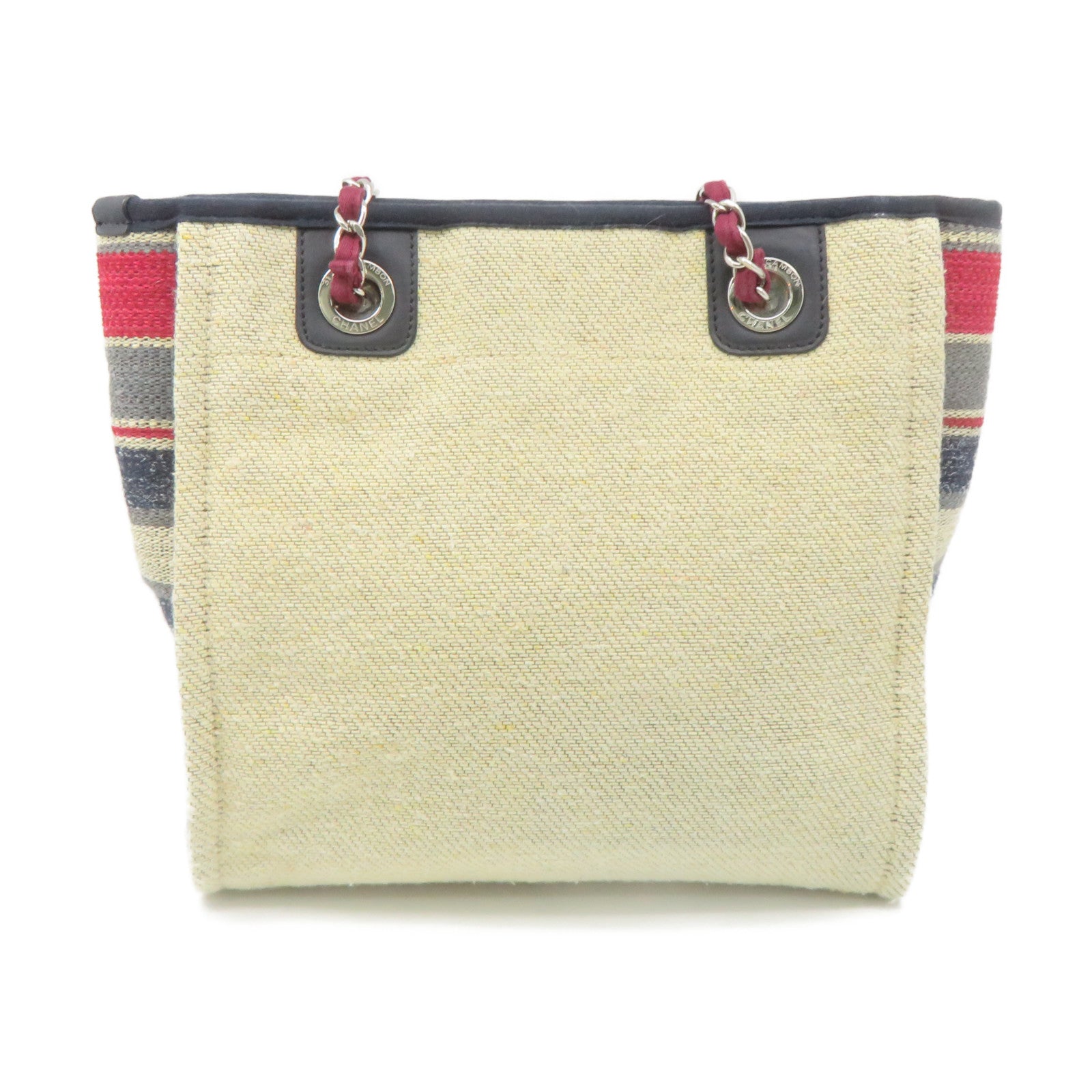 CHANEL 帆布Tote Bag銀扣鏈帶肩背袋杏色/酒紅色/藍色