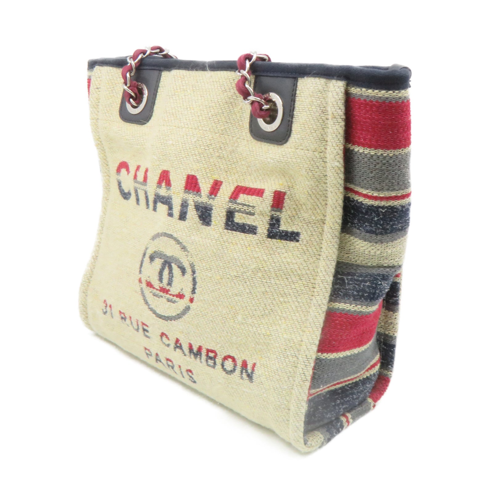 CHANEL 帆布Tote Bag銀扣鏈帶肩背袋杏色/酒紅色/藍色
