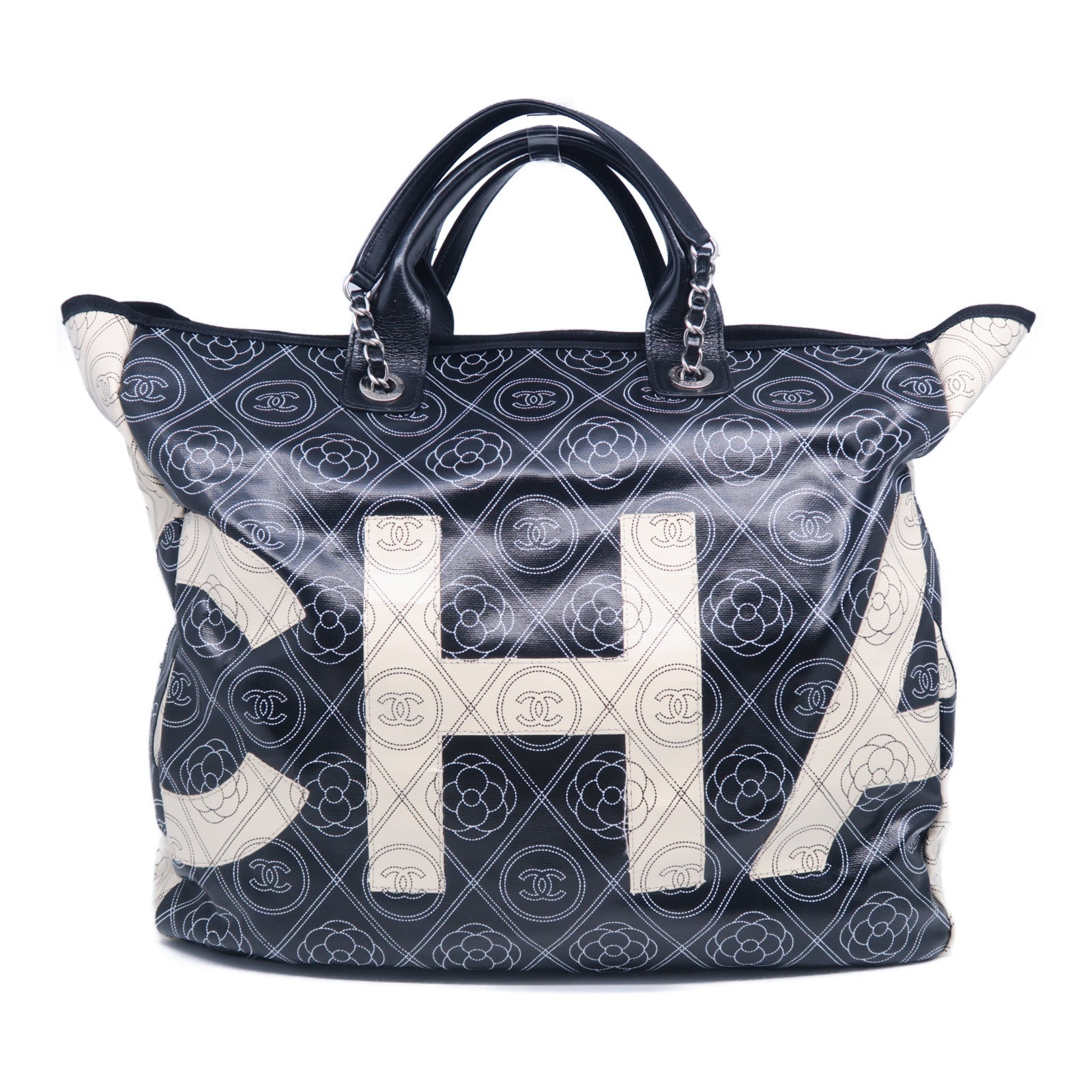CHANEL PVC 2 Way Shoulder Bag銀扣手挽肩背兩用袋黑色/米色