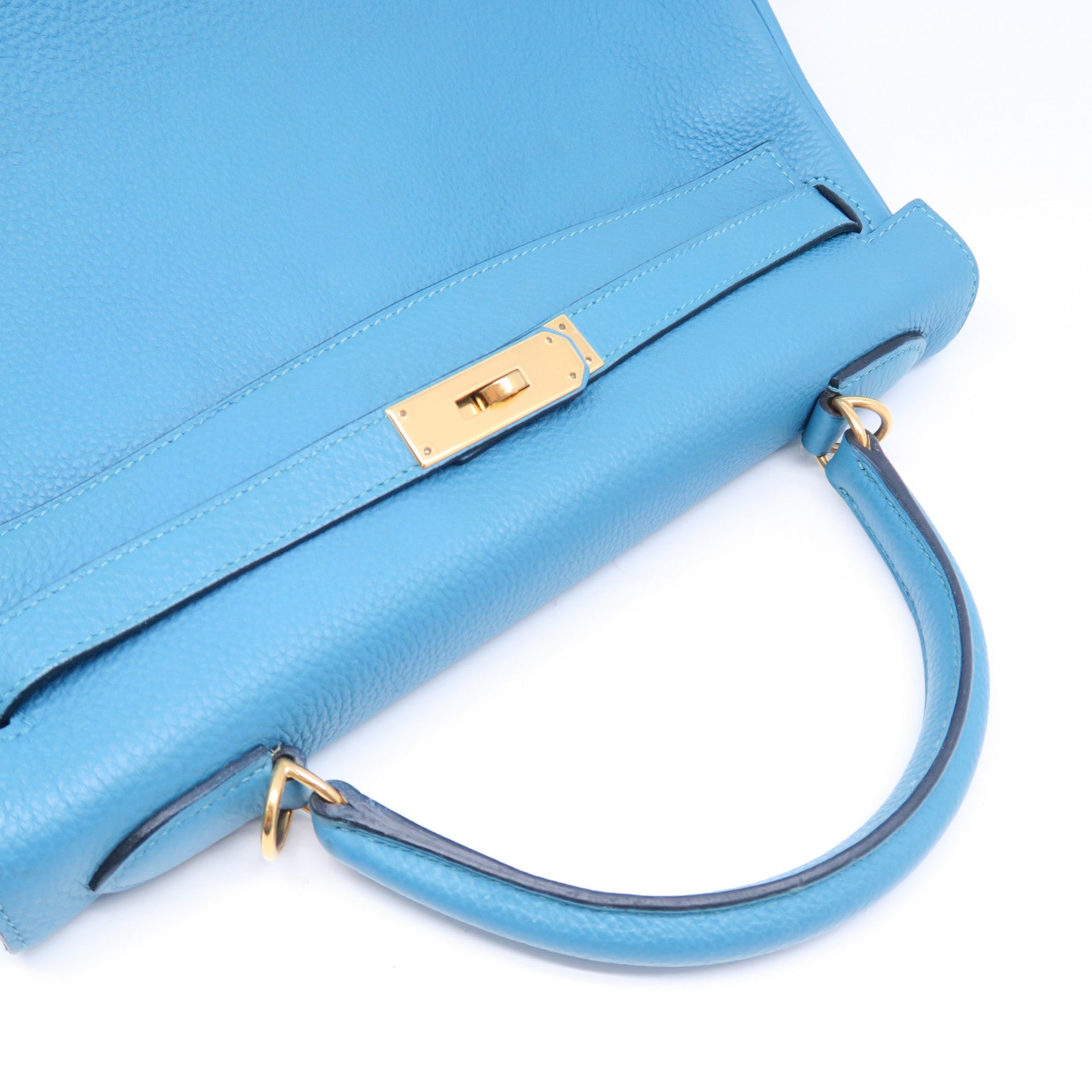 HERMES 【激減優惠】Clemence皮革Kelly 32金扣手挽肩背兩用袋松石藍色