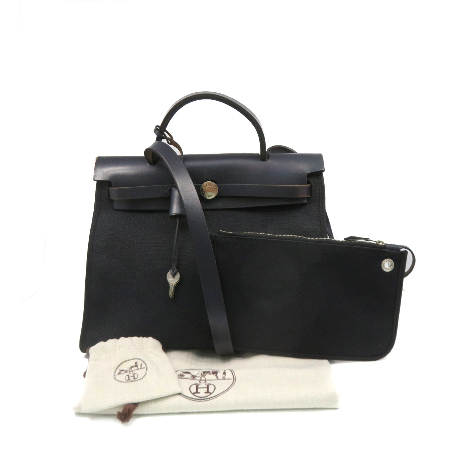 HERMES 【激減優惠】帆布銀扣Herbag PM 2Way Shoulder Bag手挽肩背兩用袋寶藍色