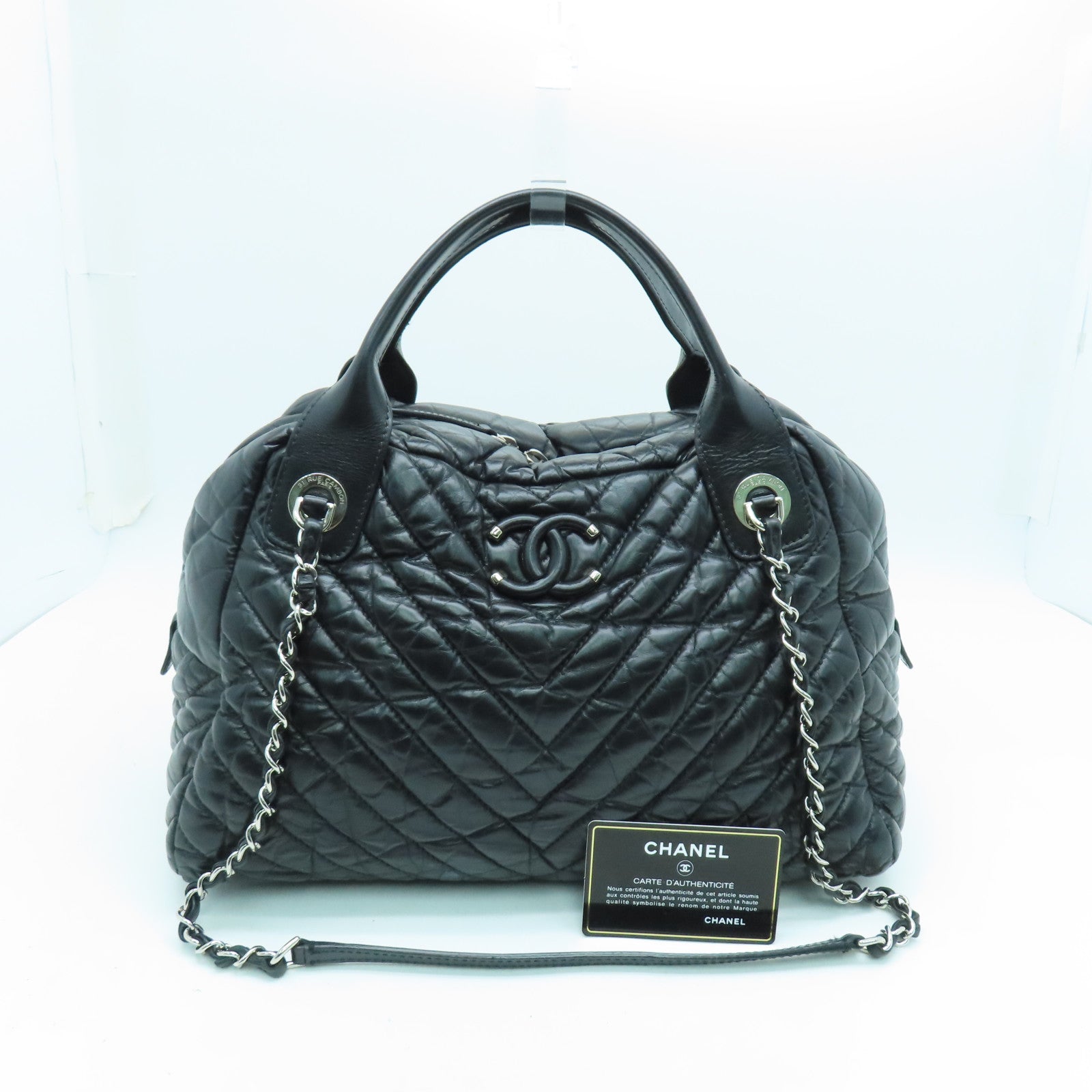 CHANEL twill 2way Shoulder Bag silver buckle handle shoulder bag black