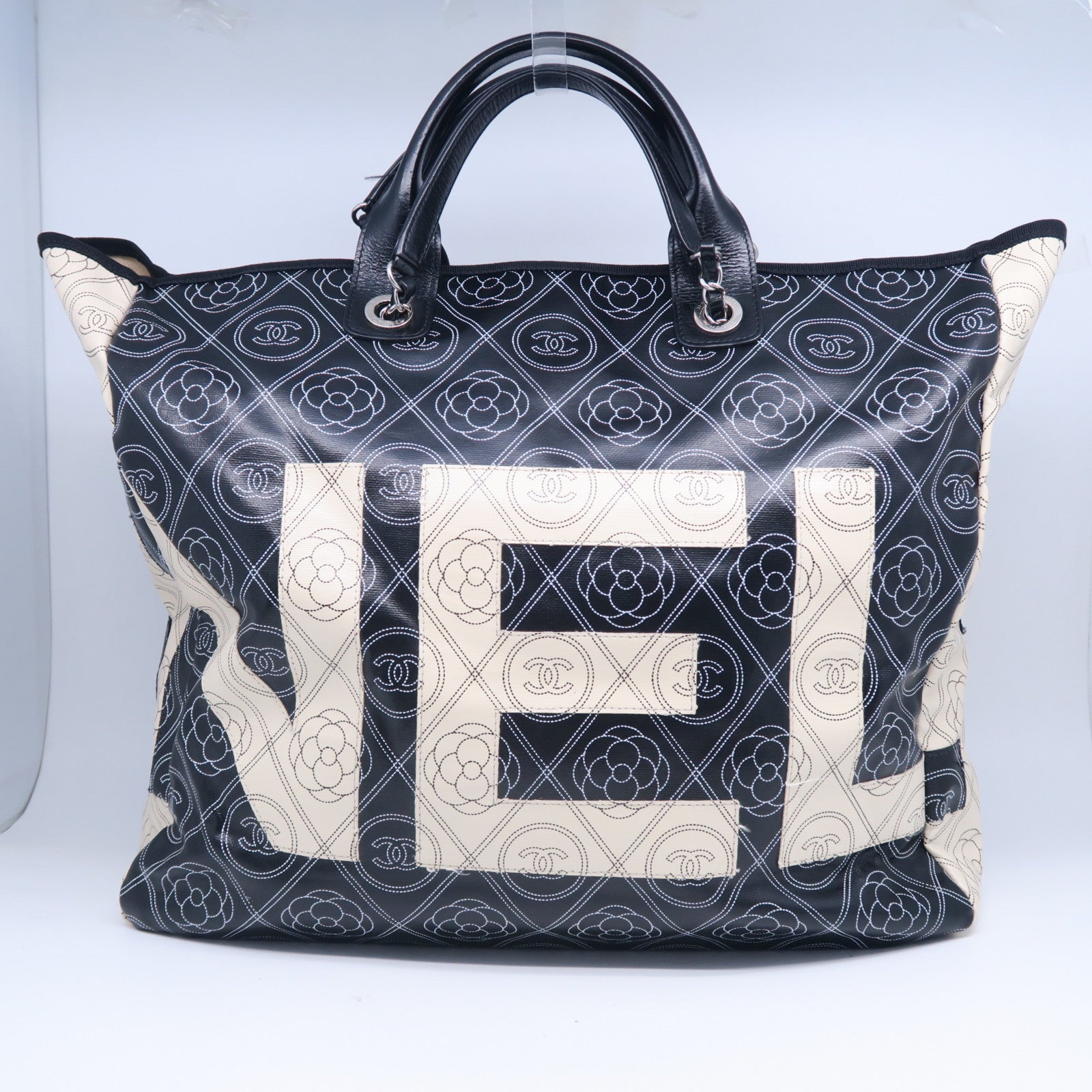 CHANEL PVC 2 Way Shoulder Bag銀扣手挽肩背兩用袋黑色/米色