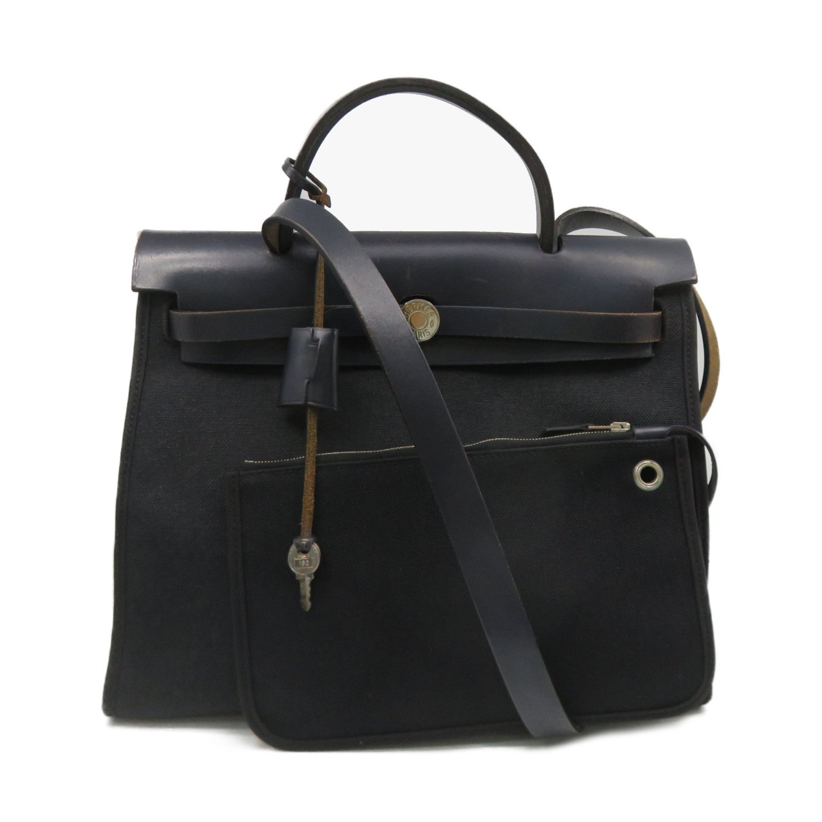 HERMES 【激減優惠】帆布銀扣Herbag PM 2Way Shoulder Bag手挽肩背兩用袋寶藍色