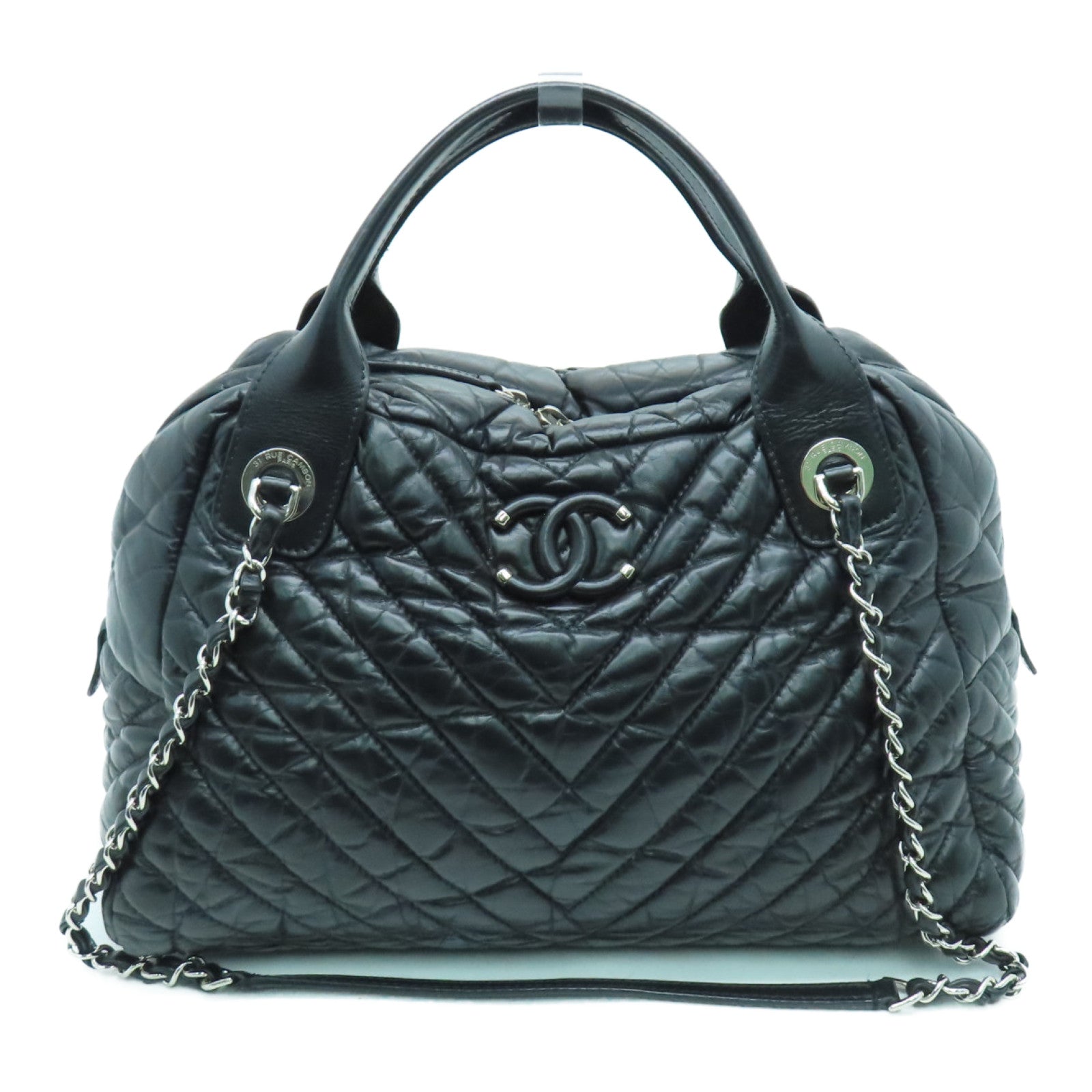 CHANEL twill 2way Shoulder Bag silver buckle handle shoulder bag black