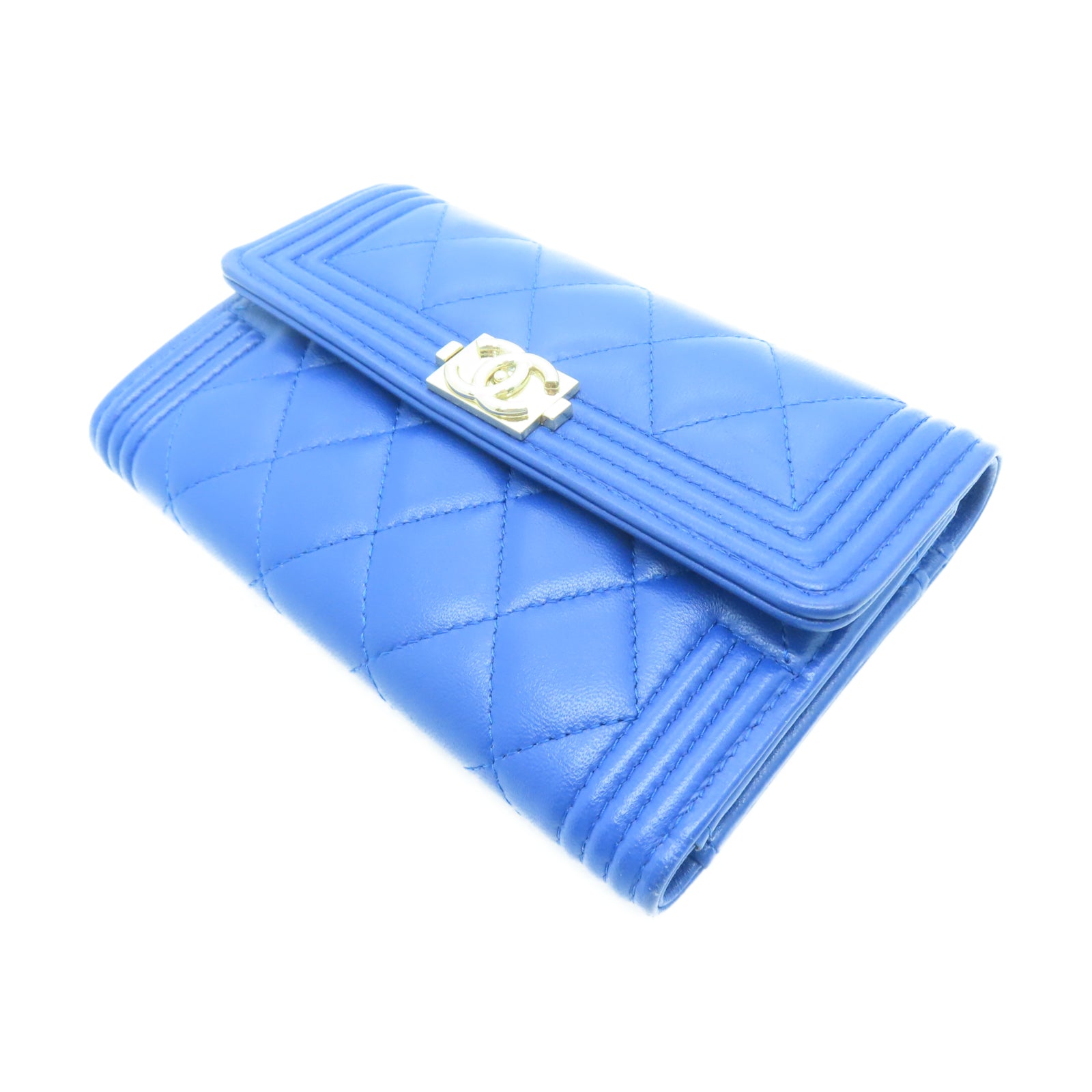CHANEL 菱格羊皮皮革Wallet金扣长钱包蓝色