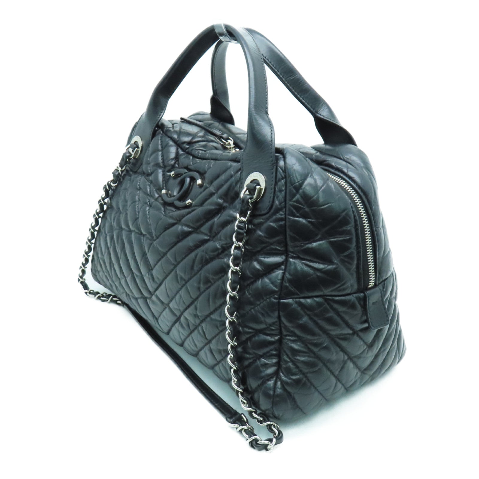CHANEL twill 2way Shoulder Bag silver buckle handle shoulder bag black