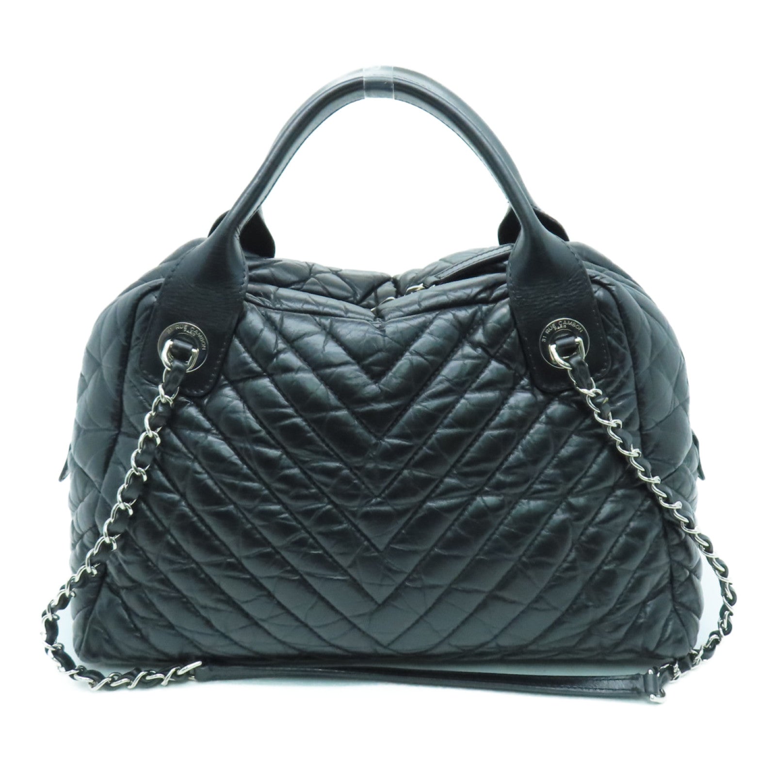 CHANEL twill 2way Shoulder Bag silver buckle handle shoulder bag black