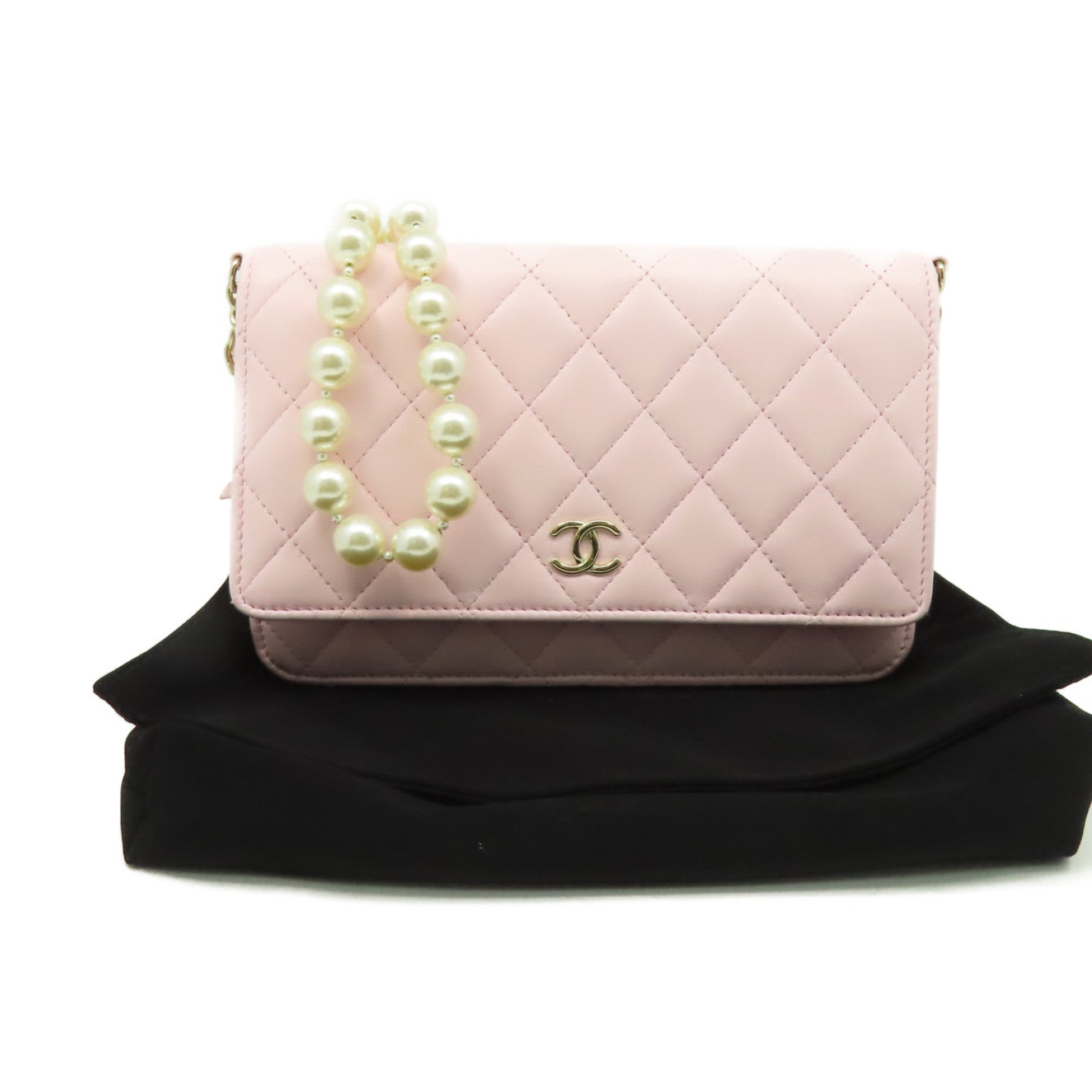 CHANEL 菱格牛皮皮革/仿珍珠Wallet On Chain Shoulder Bag金扣肩背袋粉紅色