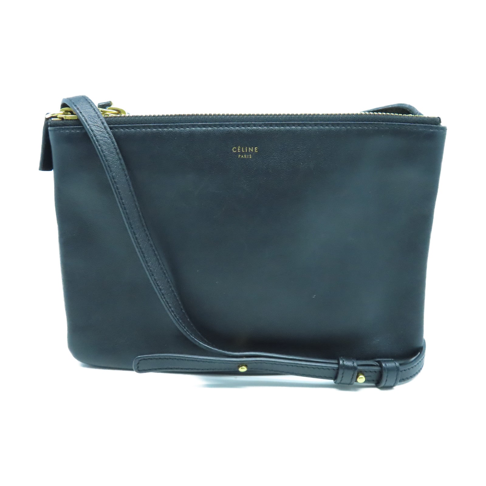 CELINE 【激減優惠】羊皮皮革Trio金扣肩背袋黑色