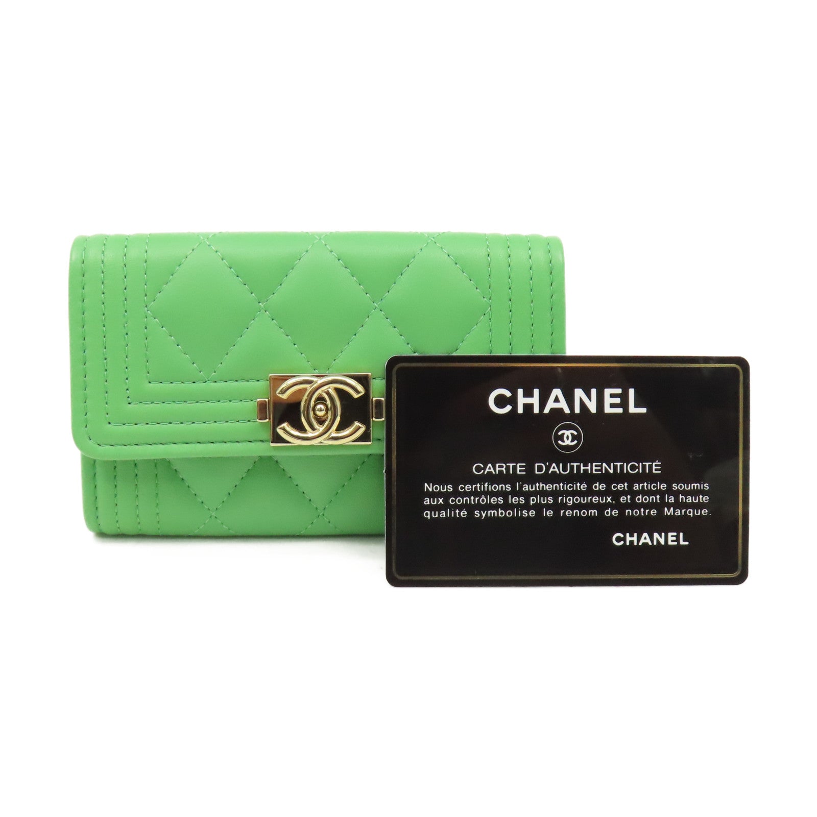CHANEL 菱格牛皮皮革Card Case金扣卡片套綠色