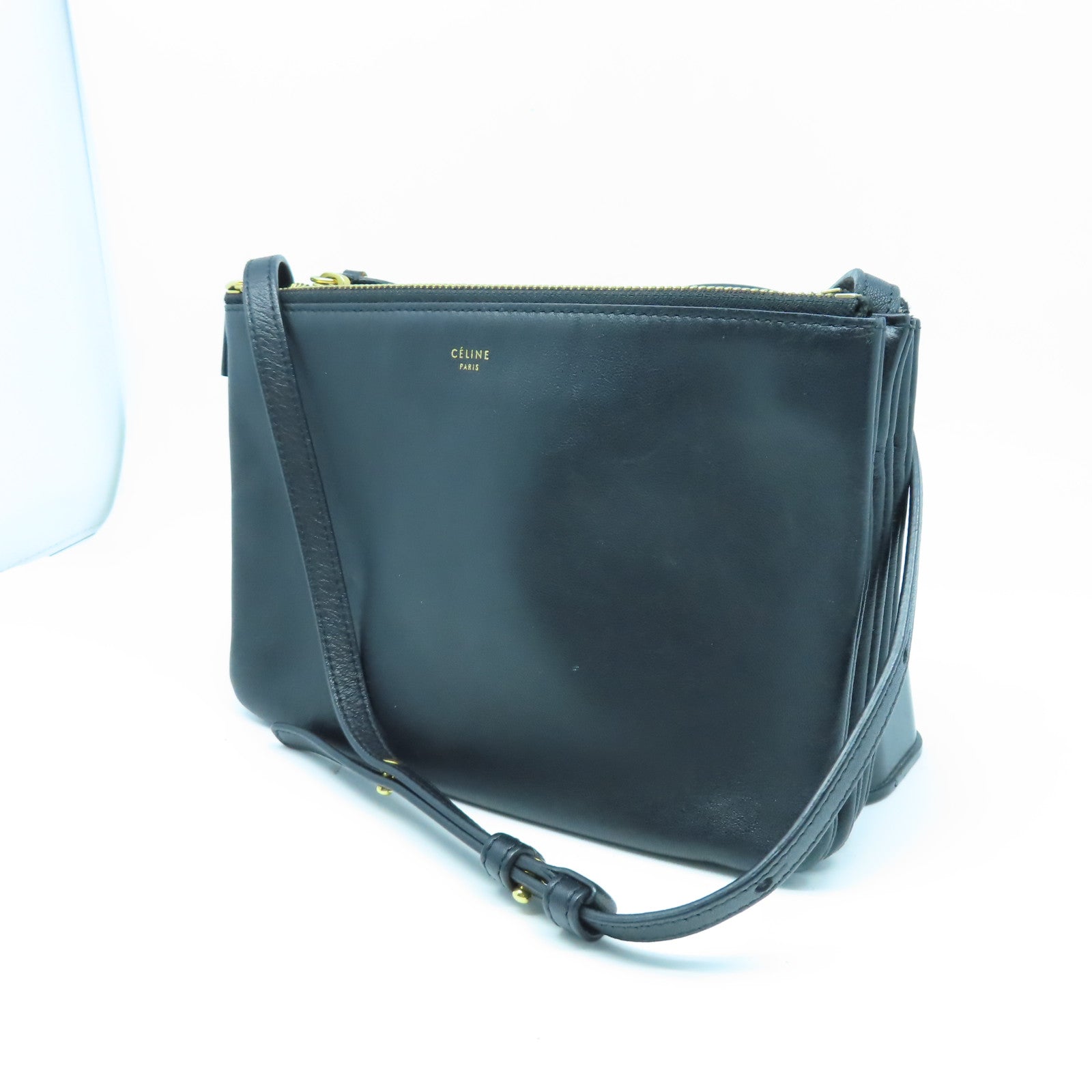 CELINE 【激減優惠】羊皮皮革Trio金扣肩背袋黑色