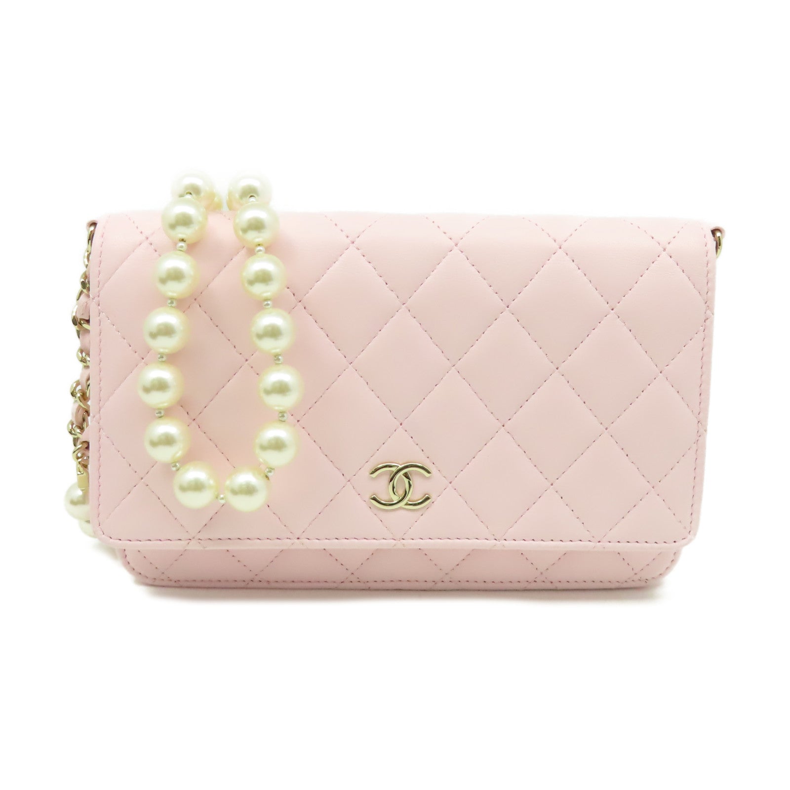 CHANEL 菱格牛皮皮革/仿珍珠Wallet On Chain Shoulder Bag金扣肩背袋粉紅色