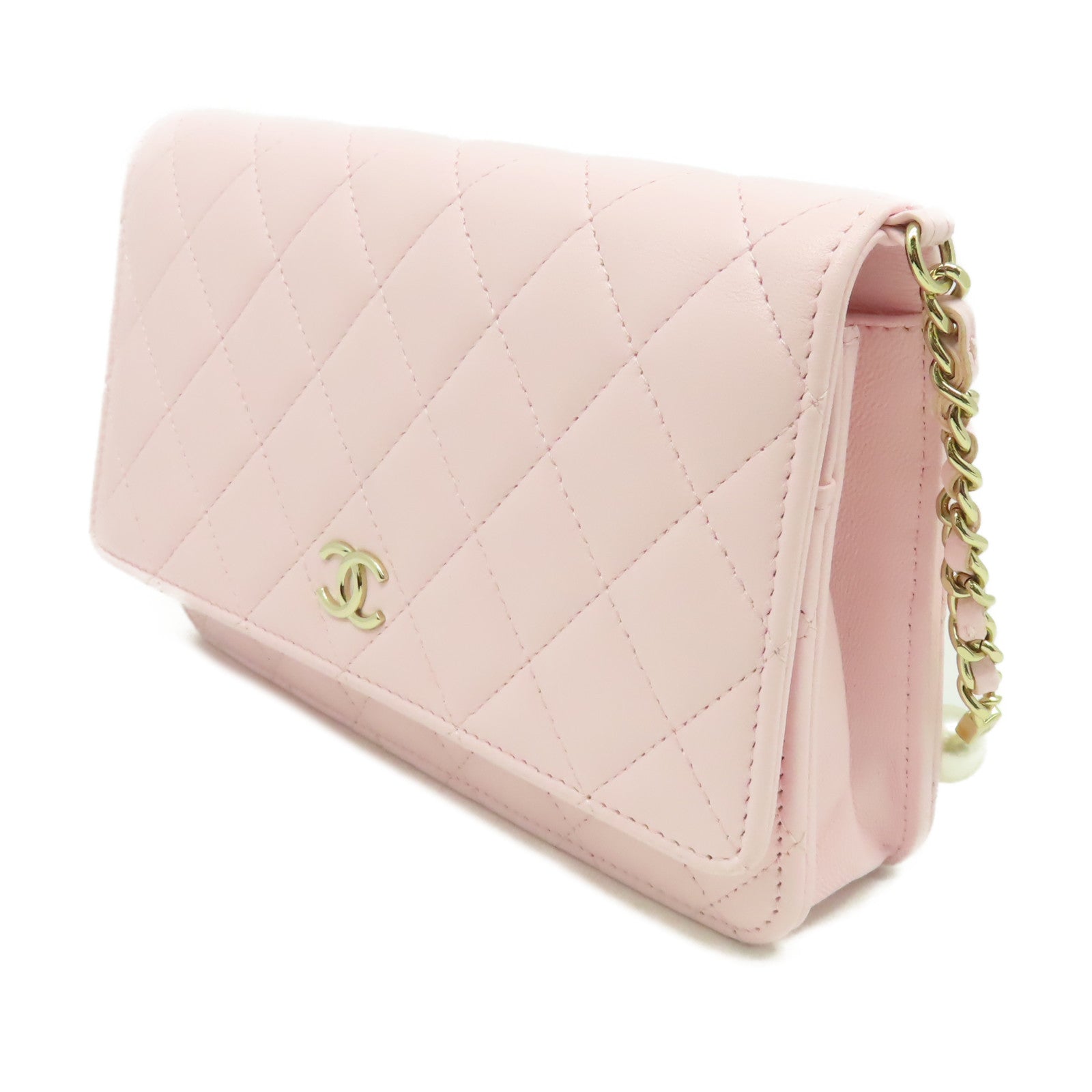 CHANEL 菱格牛皮皮革/仿珍珠Wallet On Chain Shoulder Bag金扣肩背袋粉紅色