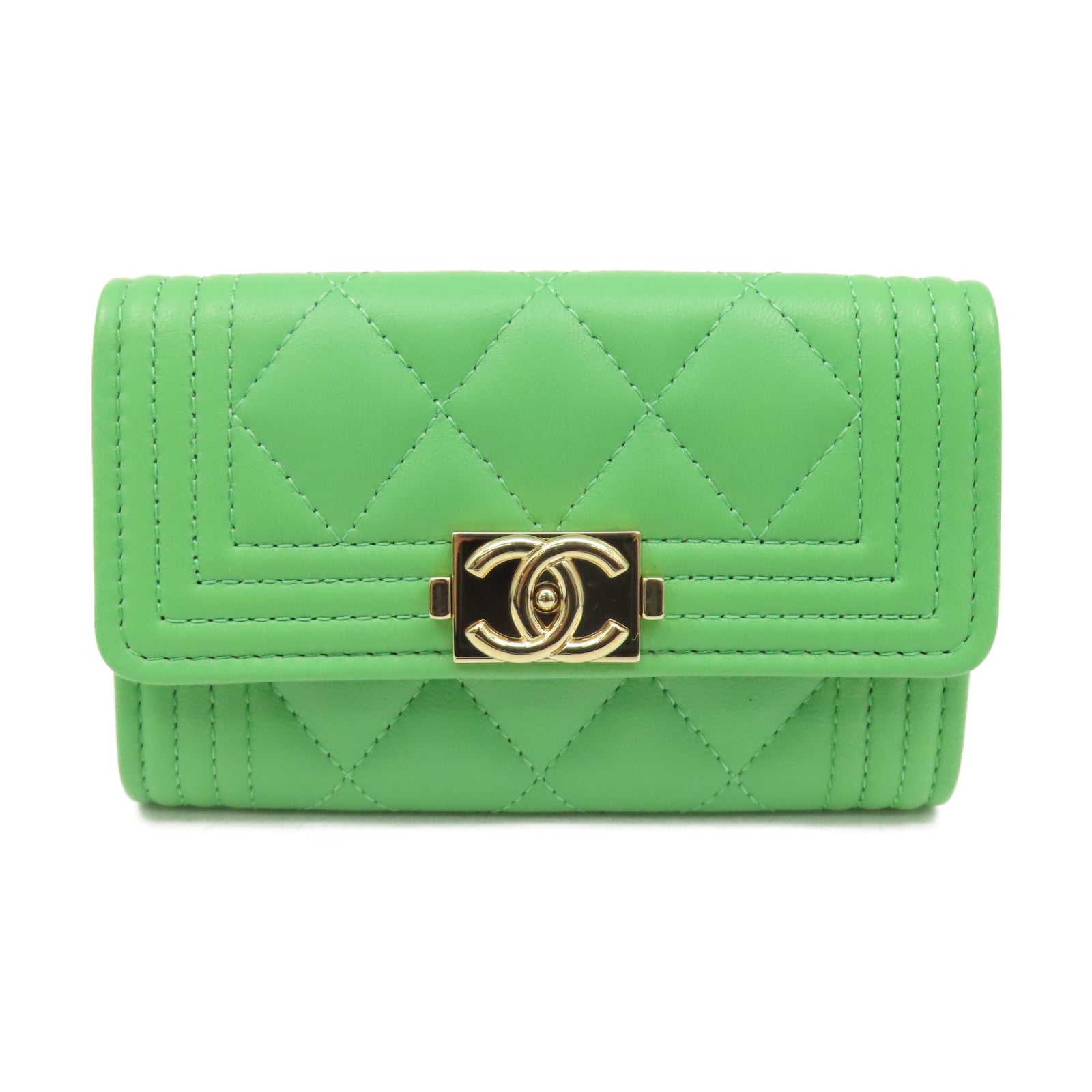 CHANEL 菱格牛皮皮革Card Case金扣卡片套綠色