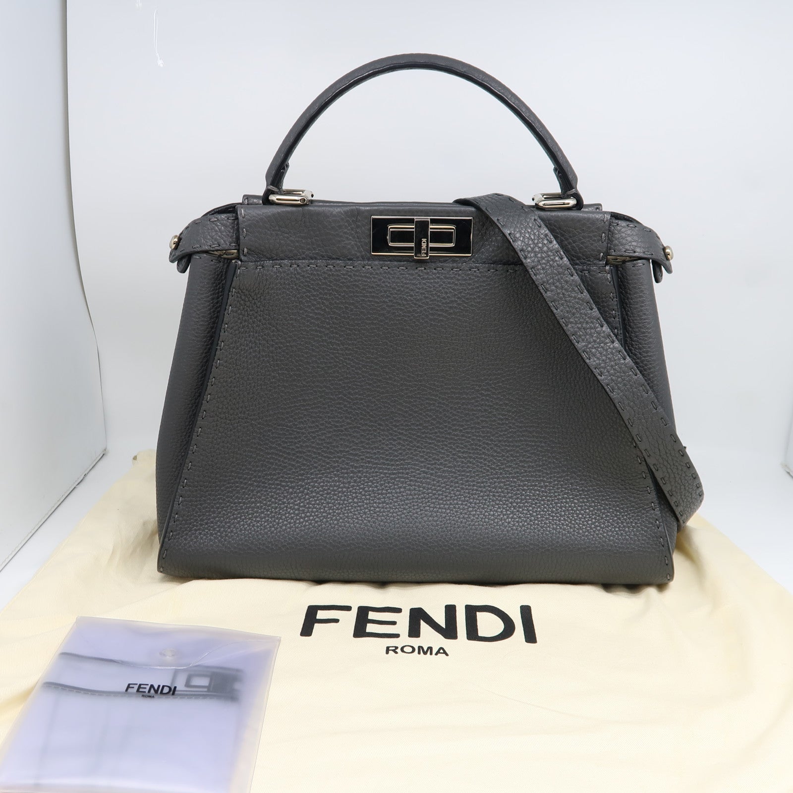 FENDI 牛皮皮革Peekaboo 2 Way Shoulder Bag銀扣手挽肩背兩用袋灰色