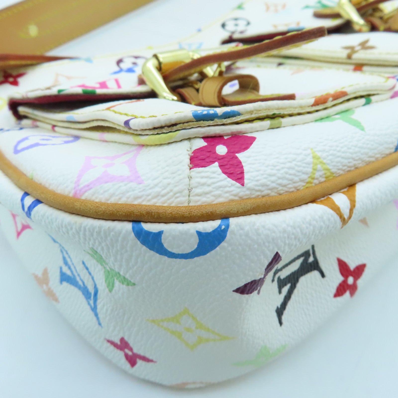 LOUIS VUITTON Monogram Multicolore Lodge PM Gold Buckle Shoulder Bag White