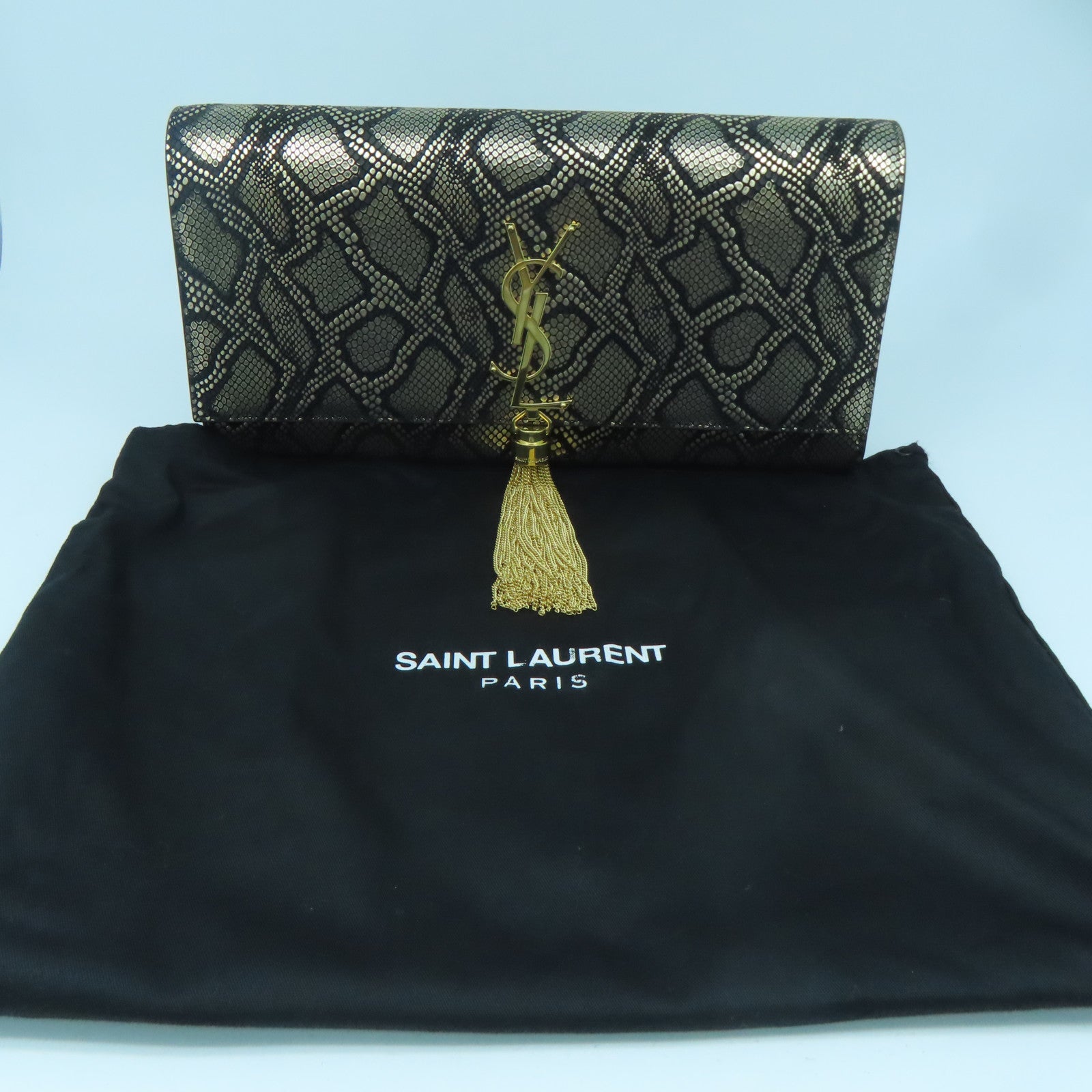 SAINT LAURENT Leather Clutch Bag Gold Buckle Gold/Black