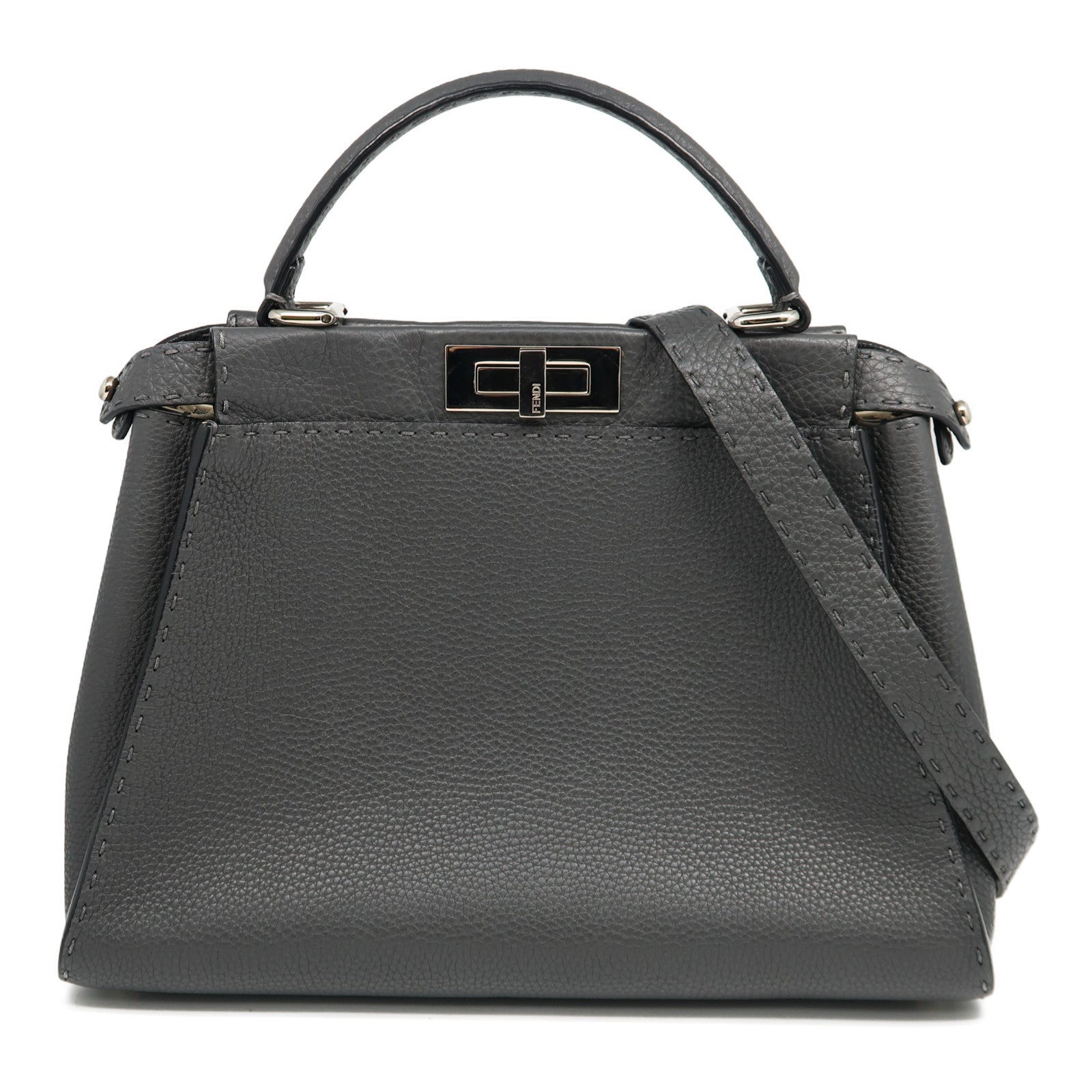FENDI 牛皮皮革Peekaboo 2 Way Shoulder Bag銀扣手挽肩背兩用袋灰色