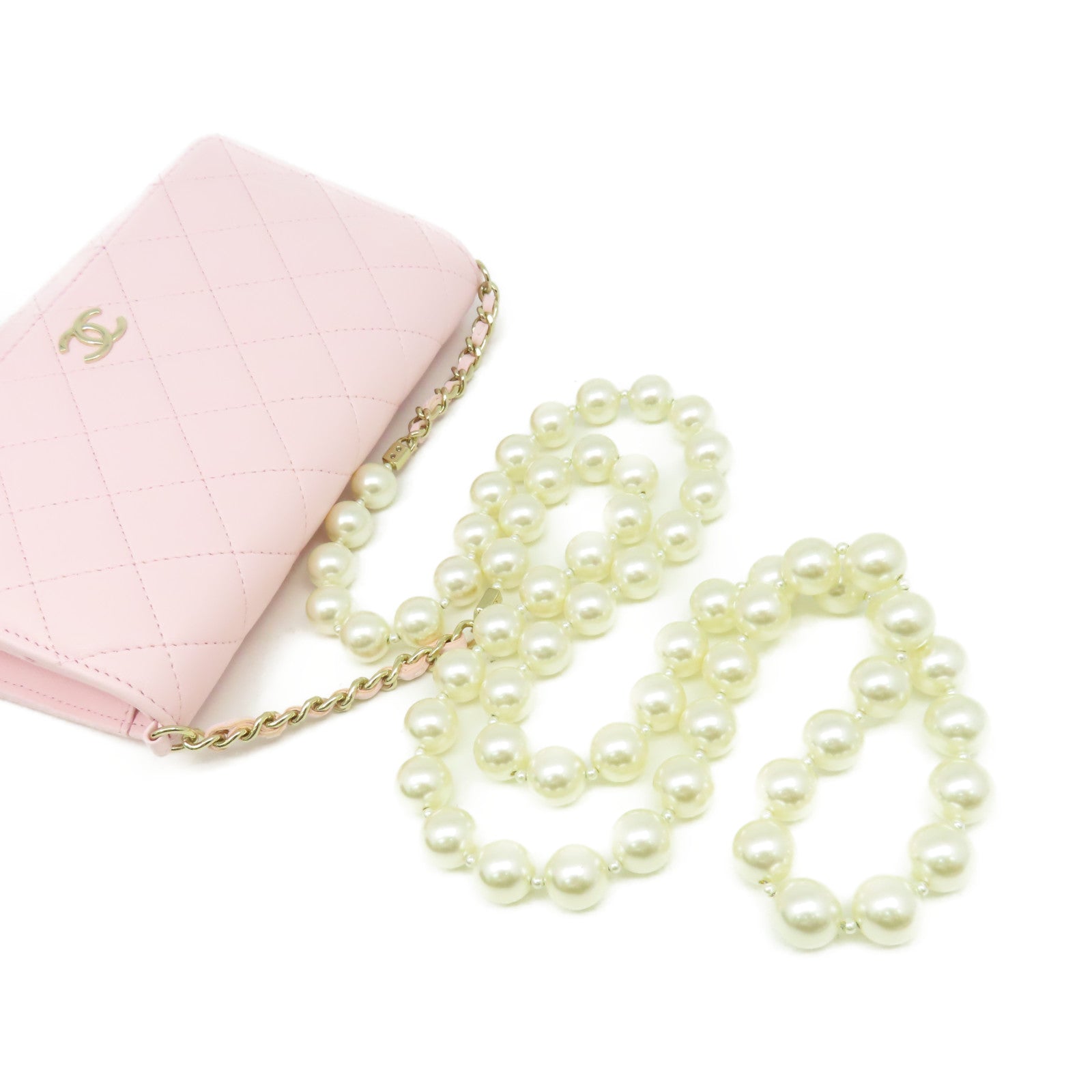 CHANEL 菱格牛皮皮革/仿珍珠Wallet On Chain Shoulder Bag金扣肩背袋粉紅色