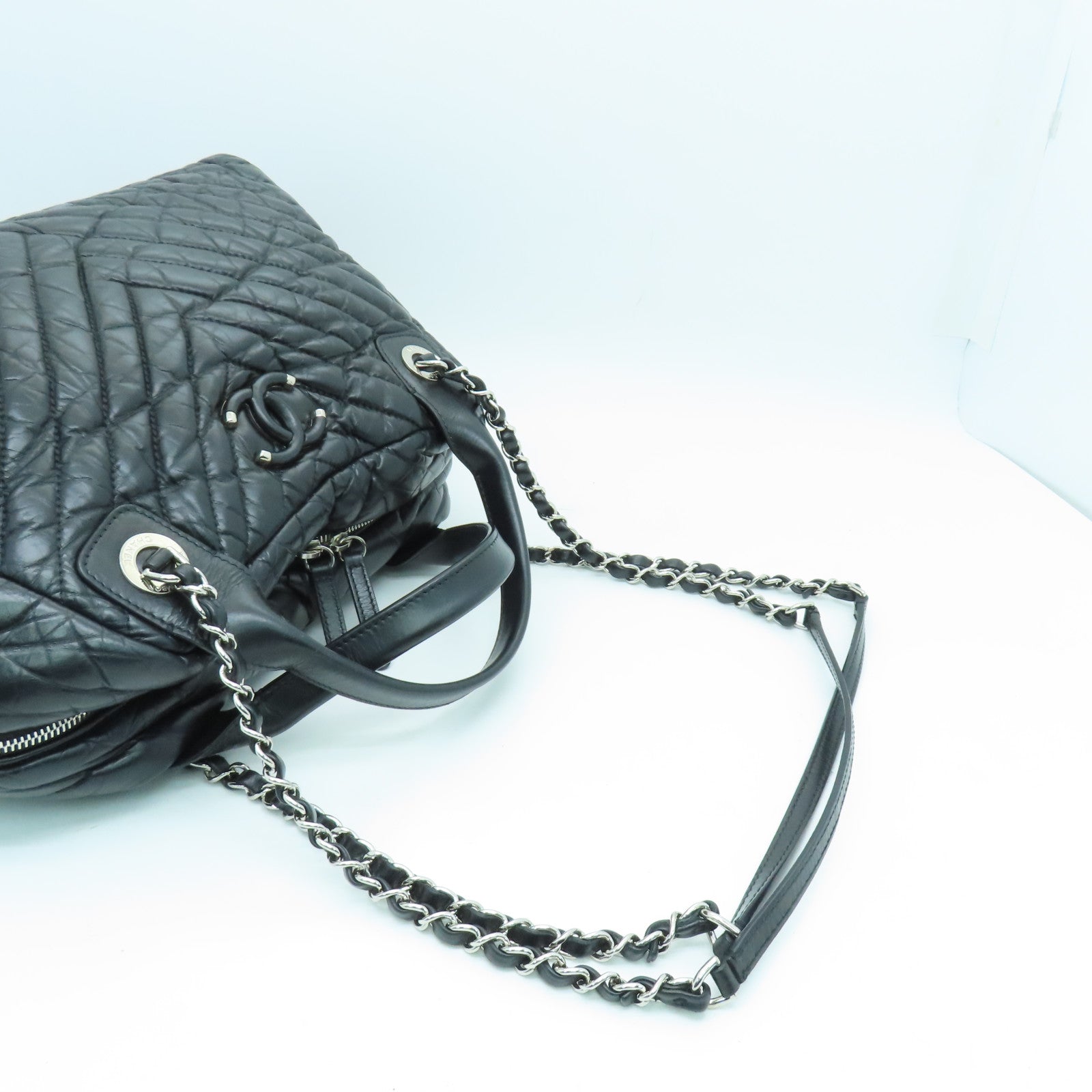 CHANEL twill 2way Shoulder Bag silver buckle handle shoulder bag black