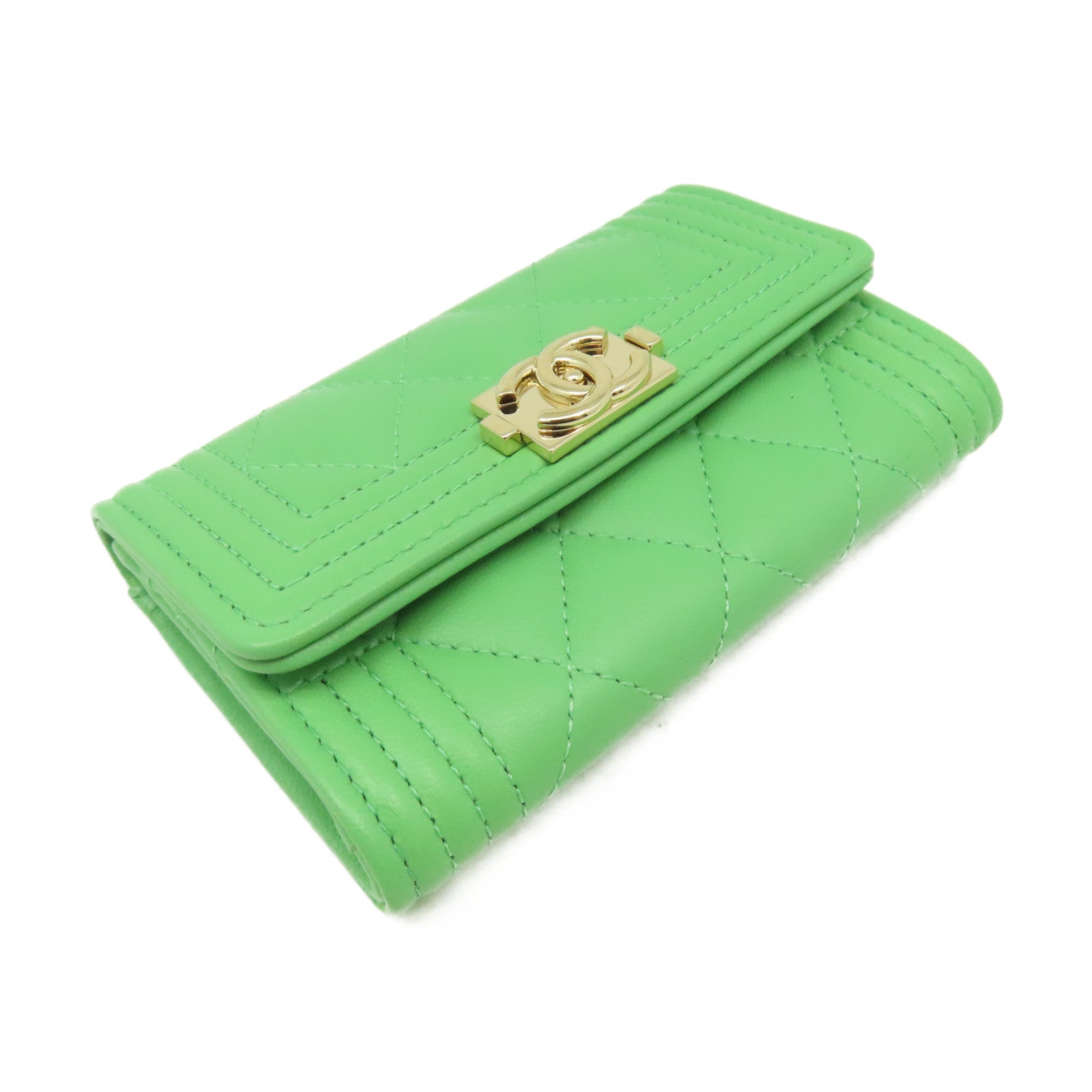 CHANEL 菱格牛皮皮革Card Case金扣卡片套綠色