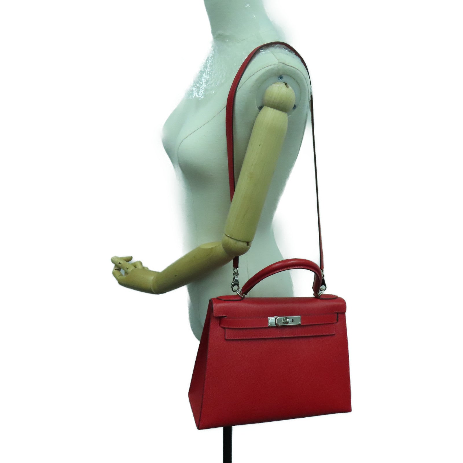 HERMES Epsom皮革Kelly 28银扣手挽袋Rouge Casaque/卡萨克红色