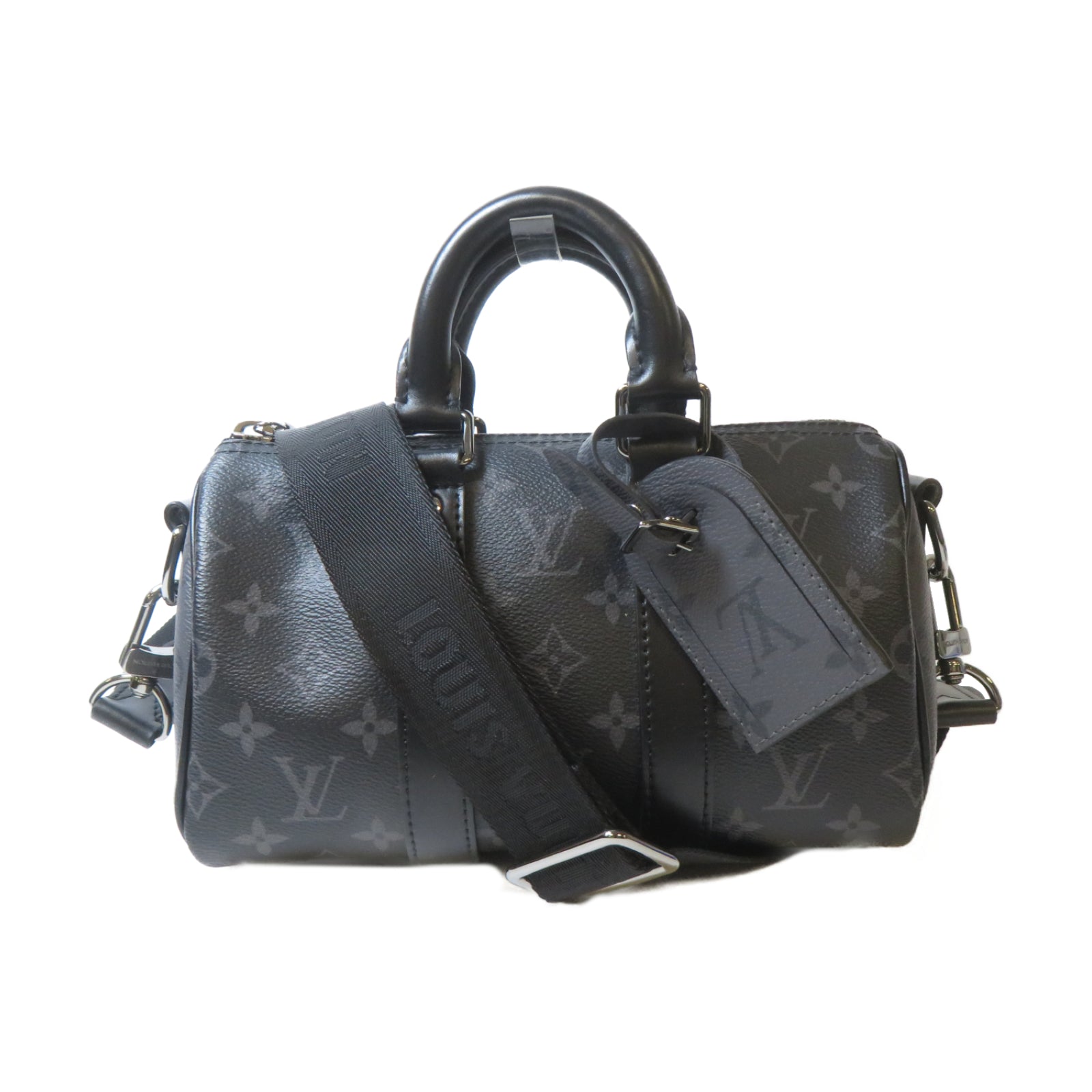 LOUIS VUITTON Monogram Eclipse Reverse Keepall Bandouliere 25銀扣手挽肩背兩用袋黑色