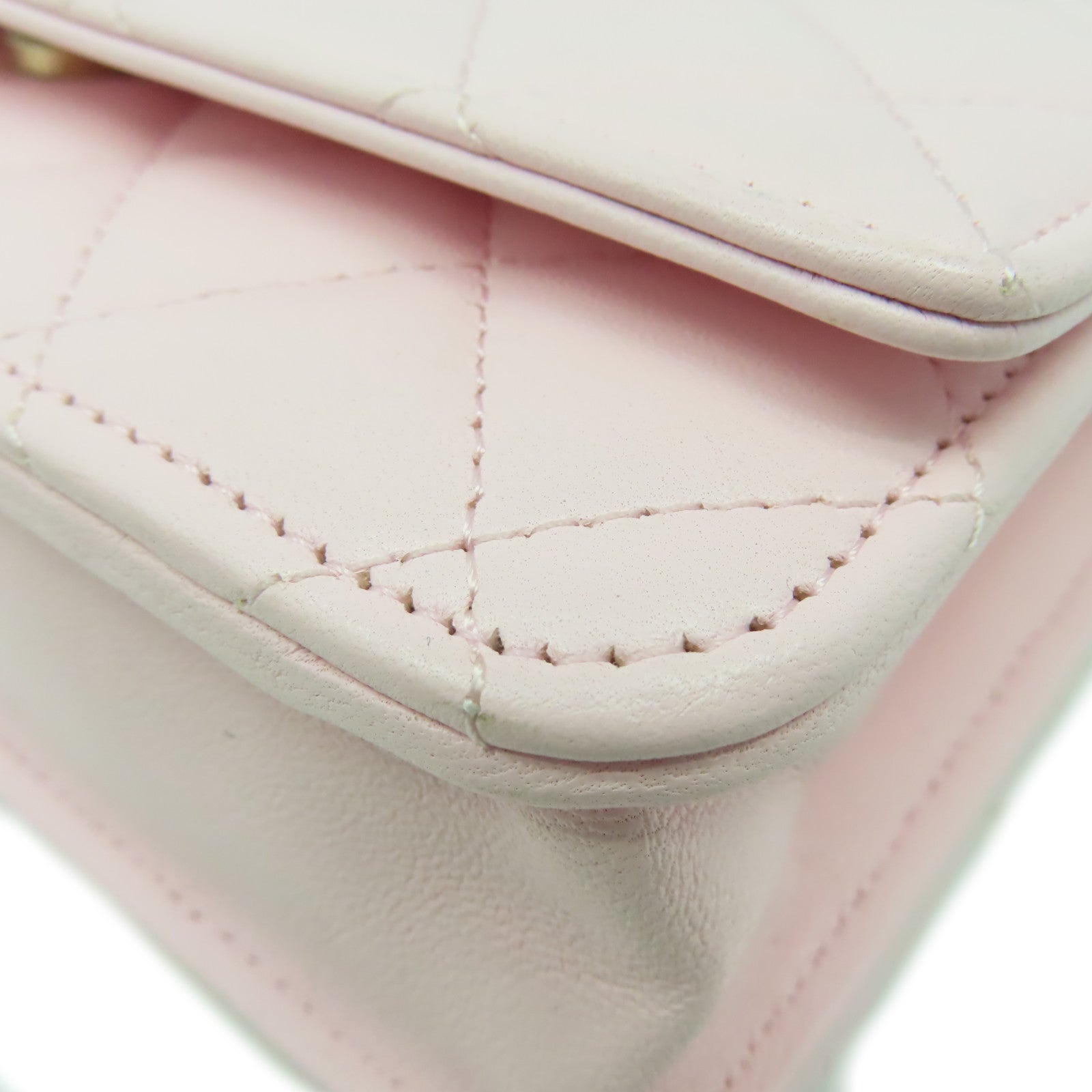 CHANEL 菱格牛皮皮革/仿珍珠Wallet On Chain Shoulder Bag金扣肩背袋粉紅色