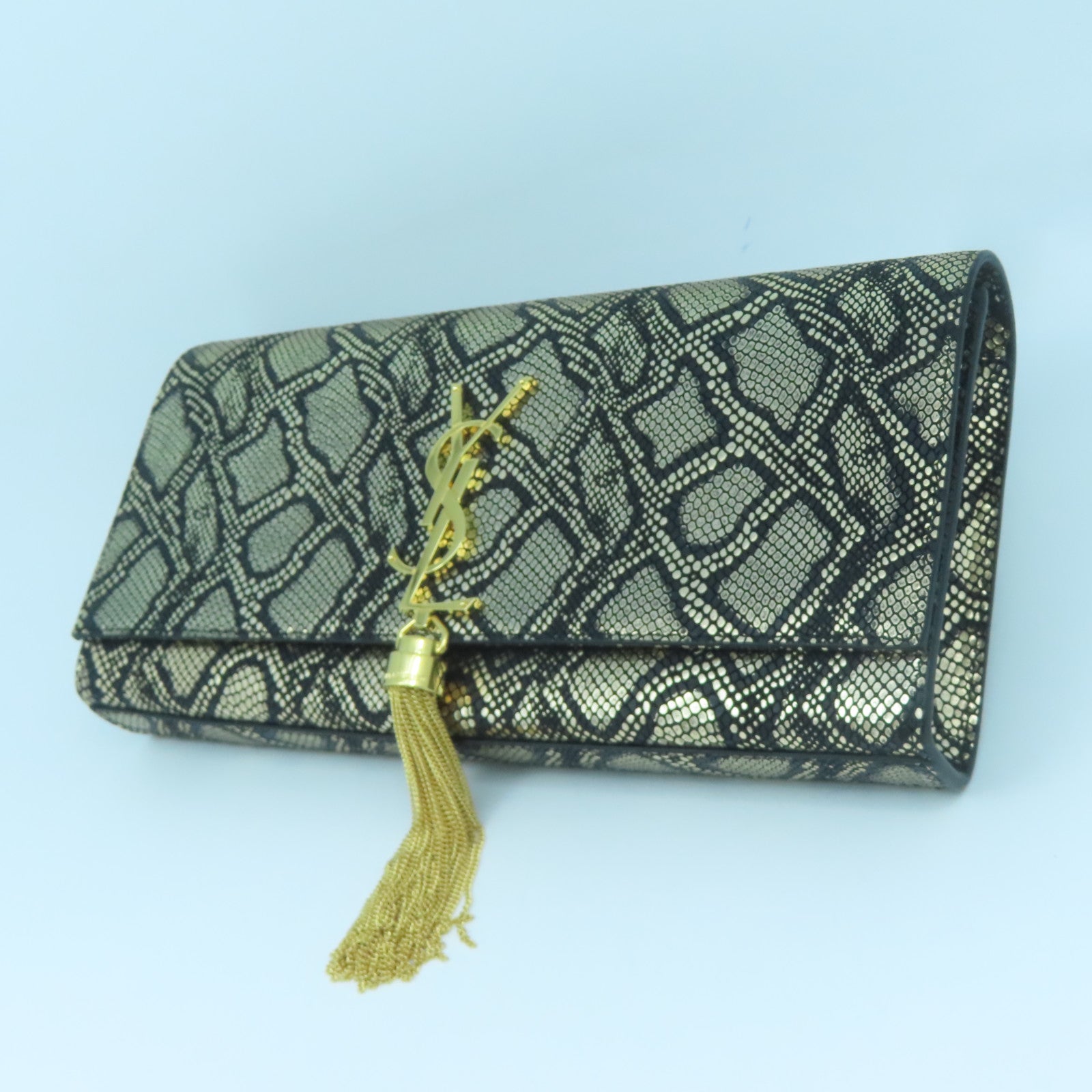 SAINT LAURENT Leather Clutch Bag Gold Buckle Gold/Black