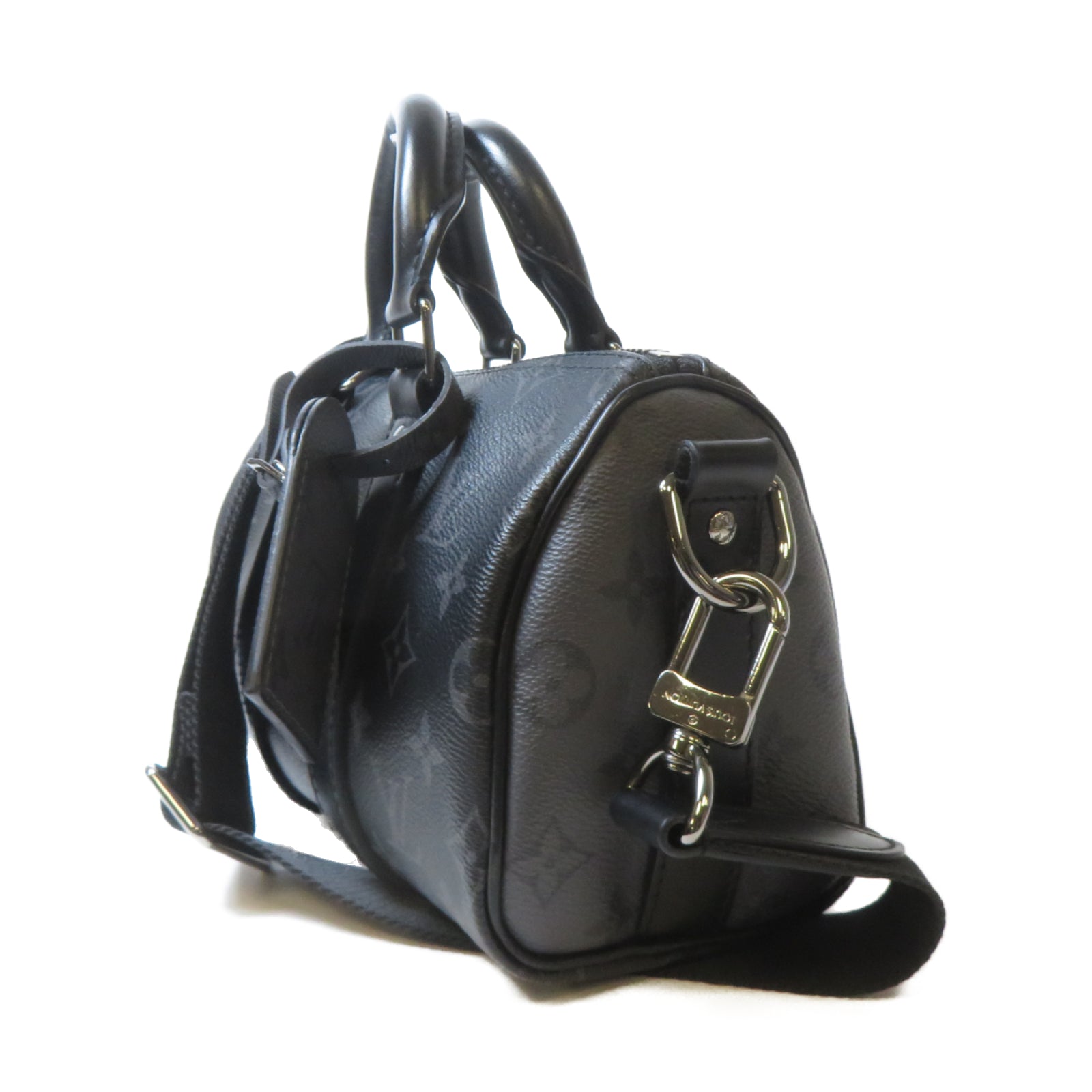 LOUIS VUITTON Monogram Eclipse Reverse Keepall Bandouliere 25銀扣手挽肩背兩用袋黑色