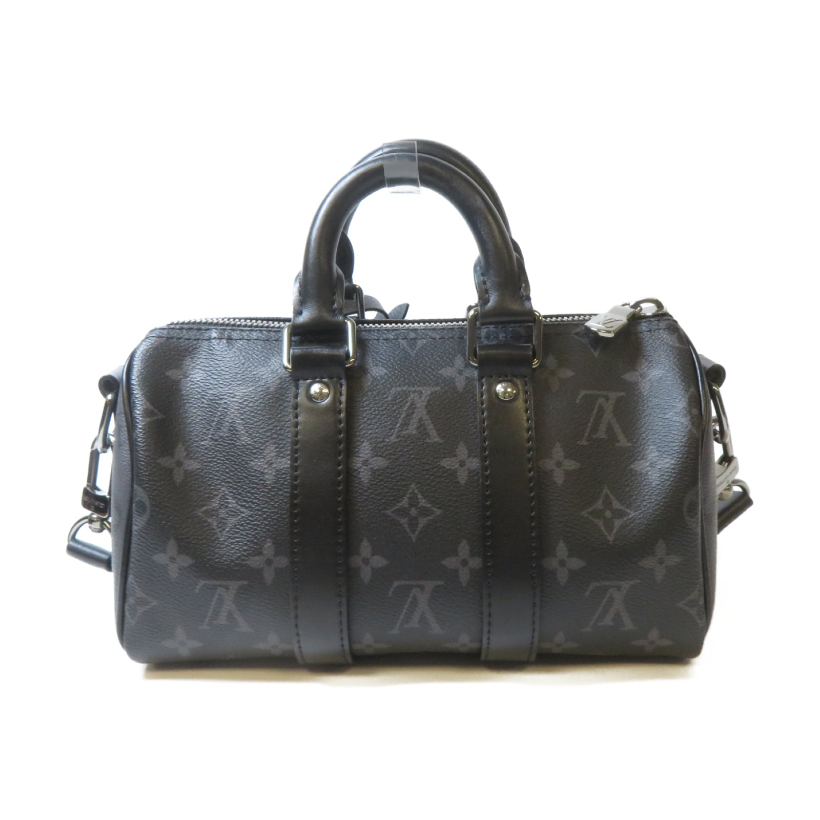 LOUIS VUITTON Monogram Eclipse Reverse Keepall Bandouliere 25銀扣手挽肩背兩用袋黑色