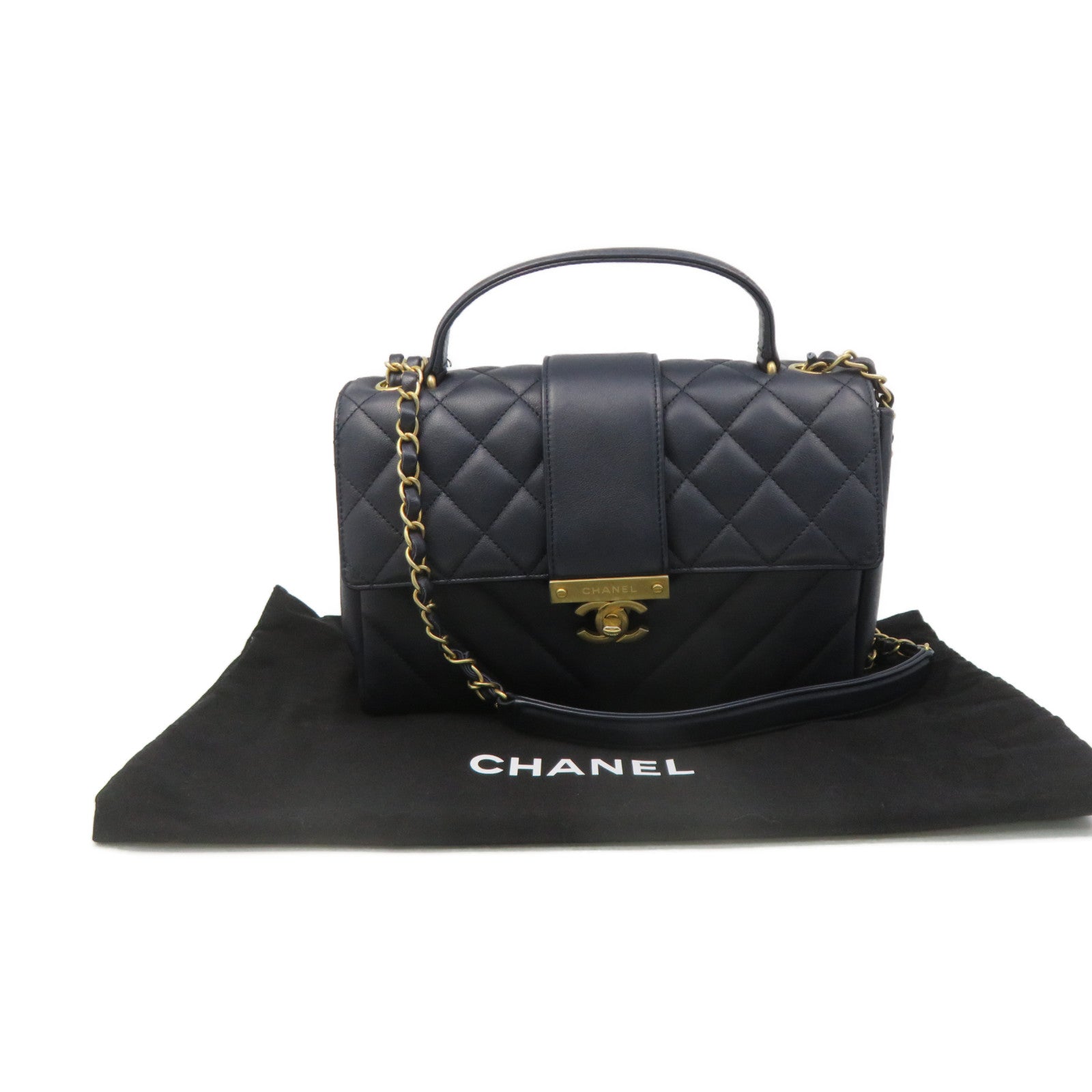 CHANEL 菱格牛皮皮革Chain 2Way Shoulder Bag金扣链带手挽肩背两用袋宝蓝色
