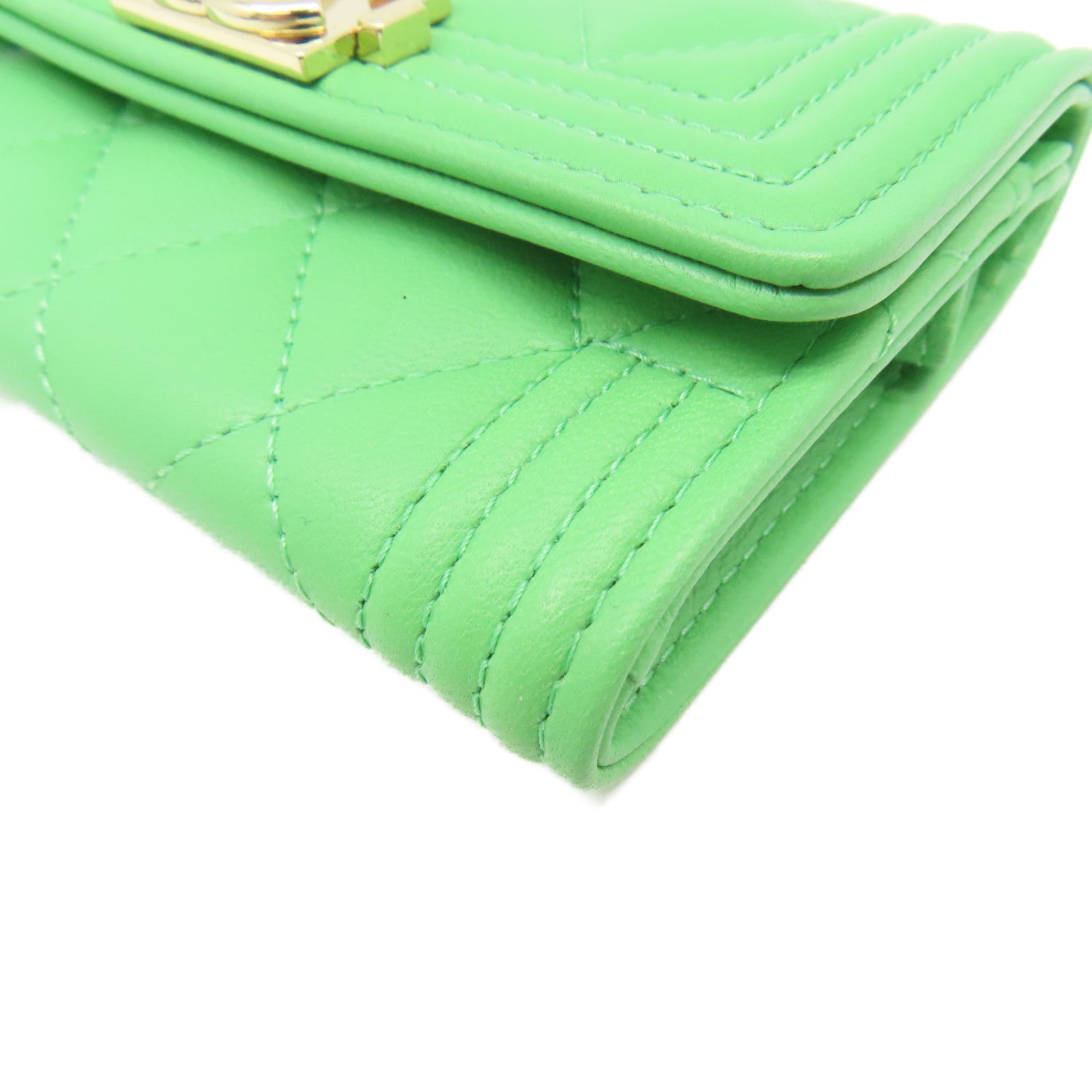 CHANEL 菱格牛皮皮革Card Case金扣卡片套綠色