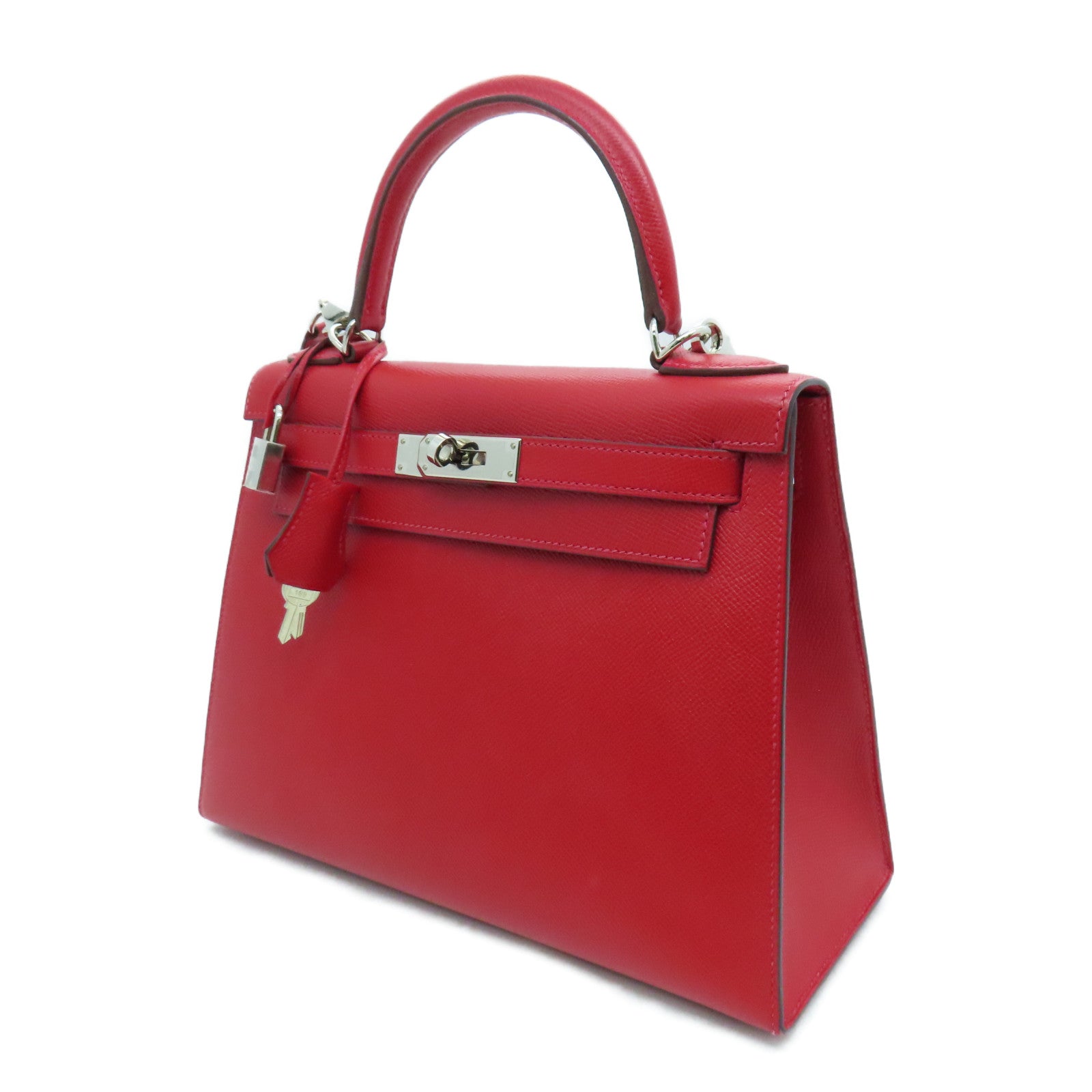 HERMES Epsom皮革Kelly 28银扣手挽袋Rouge Casaque/卡萨克红色