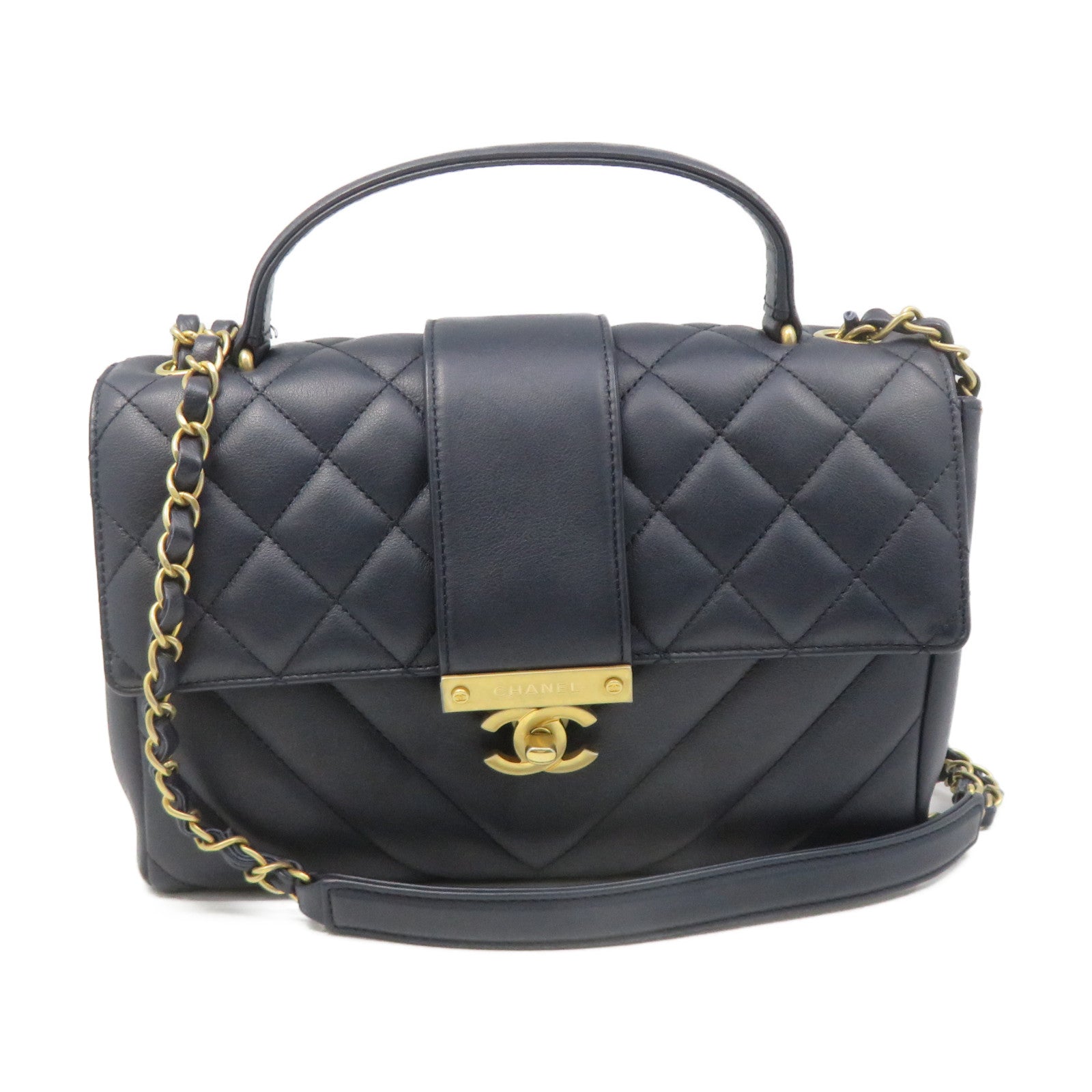 CHANEL 菱格牛皮皮革Chain 2Way Shoulder Bag金扣链带手挽肩背两用袋宝蓝色