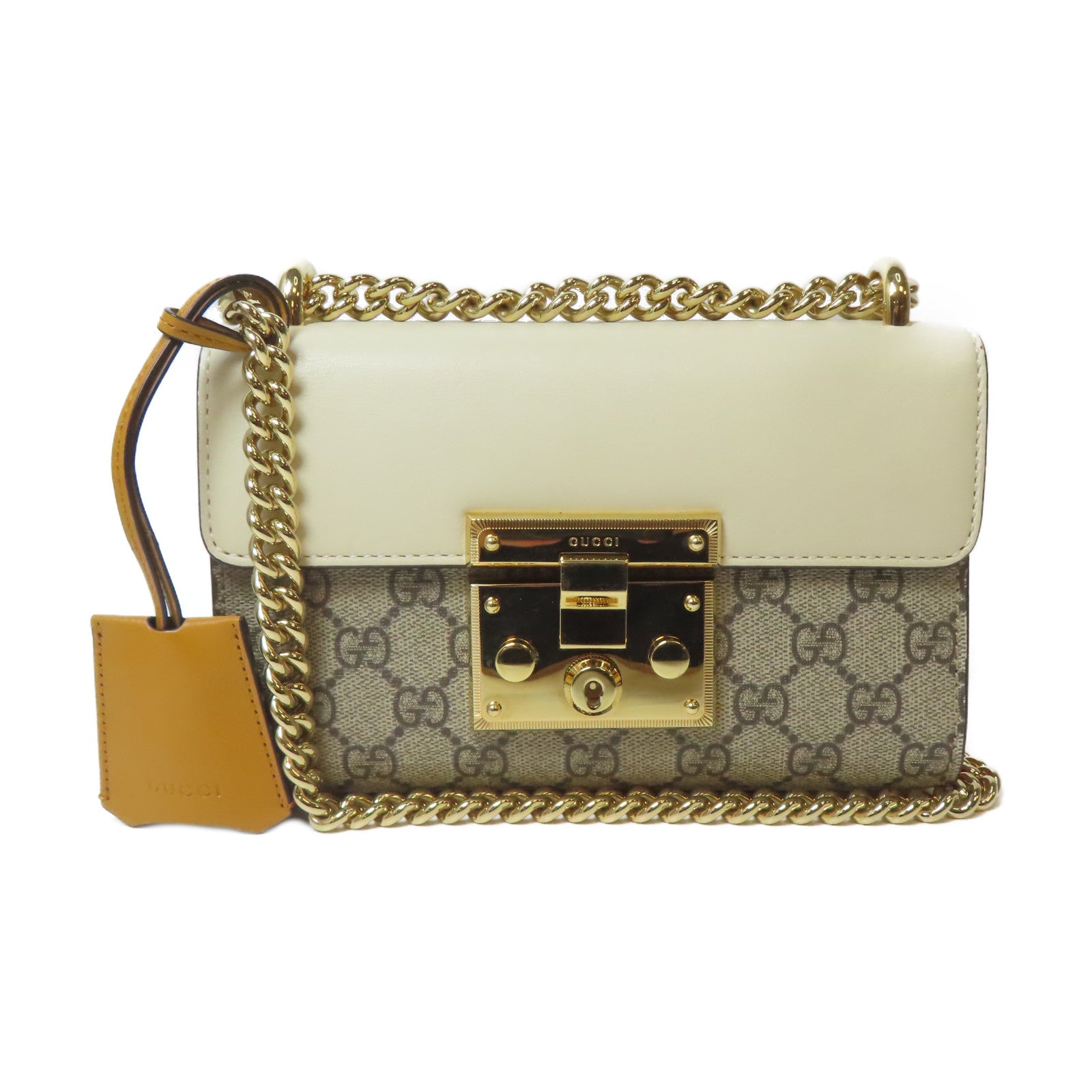 GUCCI 塗層帆布Padlock GG金扣鏈帶肩背袋白色/啡色