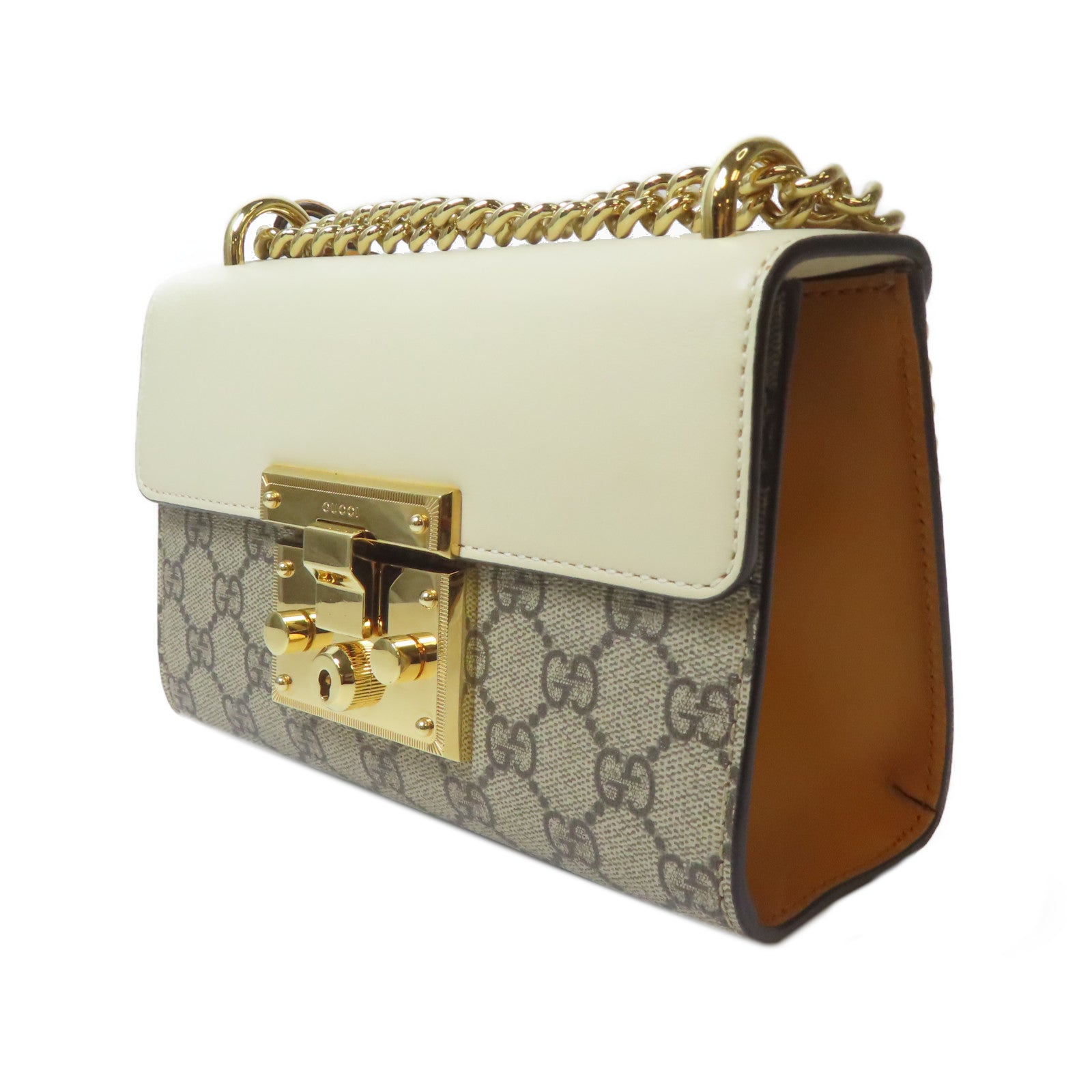 GUCCI 塗層帆布Padlock GG金扣鏈帶肩背袋白色/啡色
