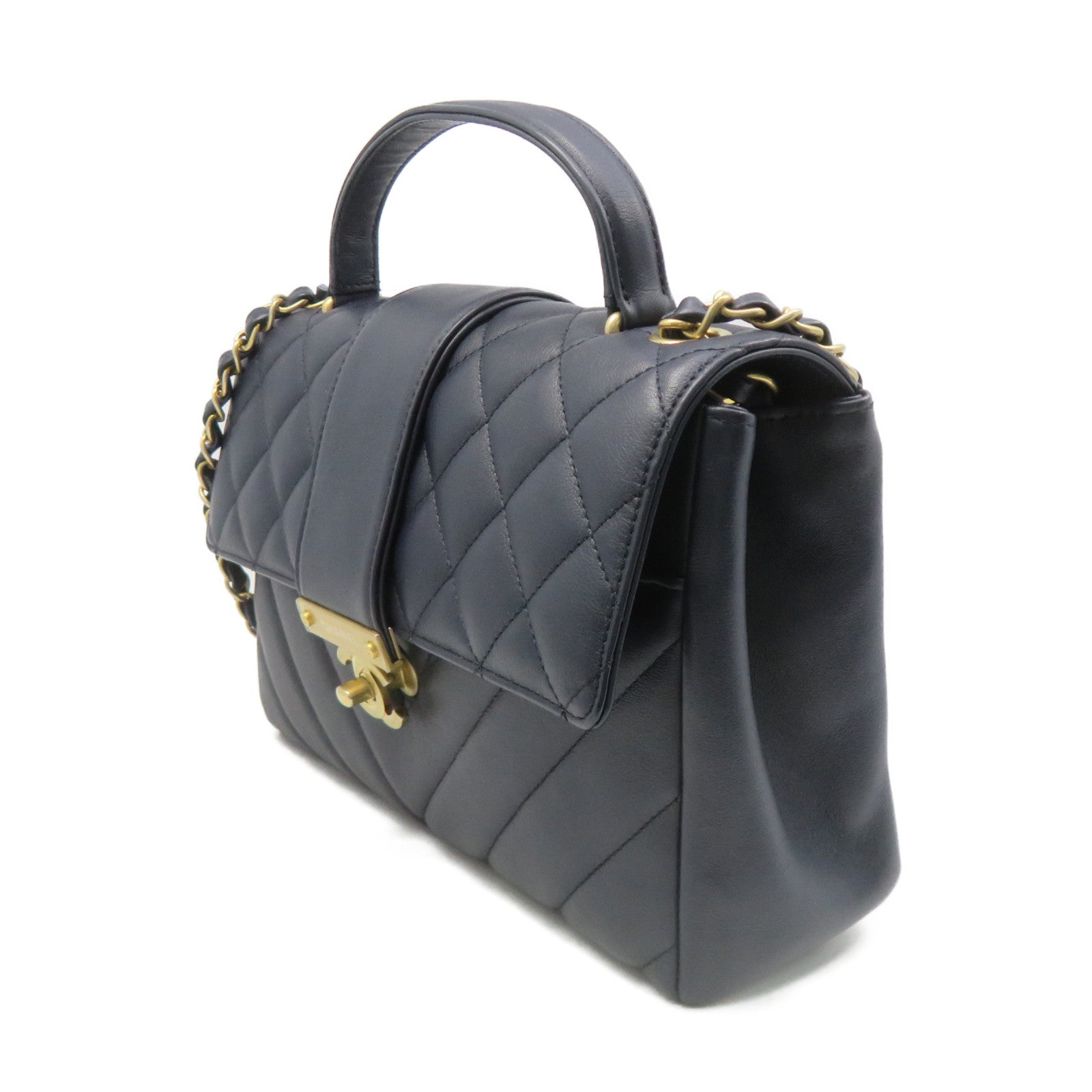 CHANEL 菱格牛皮皮革Chain 2Way Shoulder Bag金扣链带手挽肩背两用袋宝蓝色