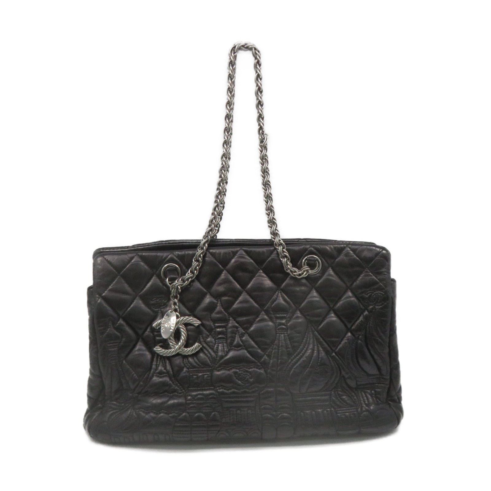 CHANEL Rhombus Sheepskin Leather Chain Shoulder Bag Silver Buckle Chain Belt Shoulder Bag Black