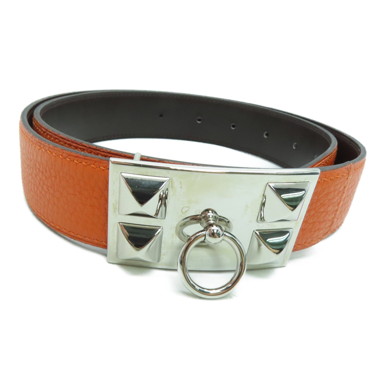 HERMES 【激減優惠】Clemence/Swift皮革Belt 85cm銀扣皮帶Orange/橙色