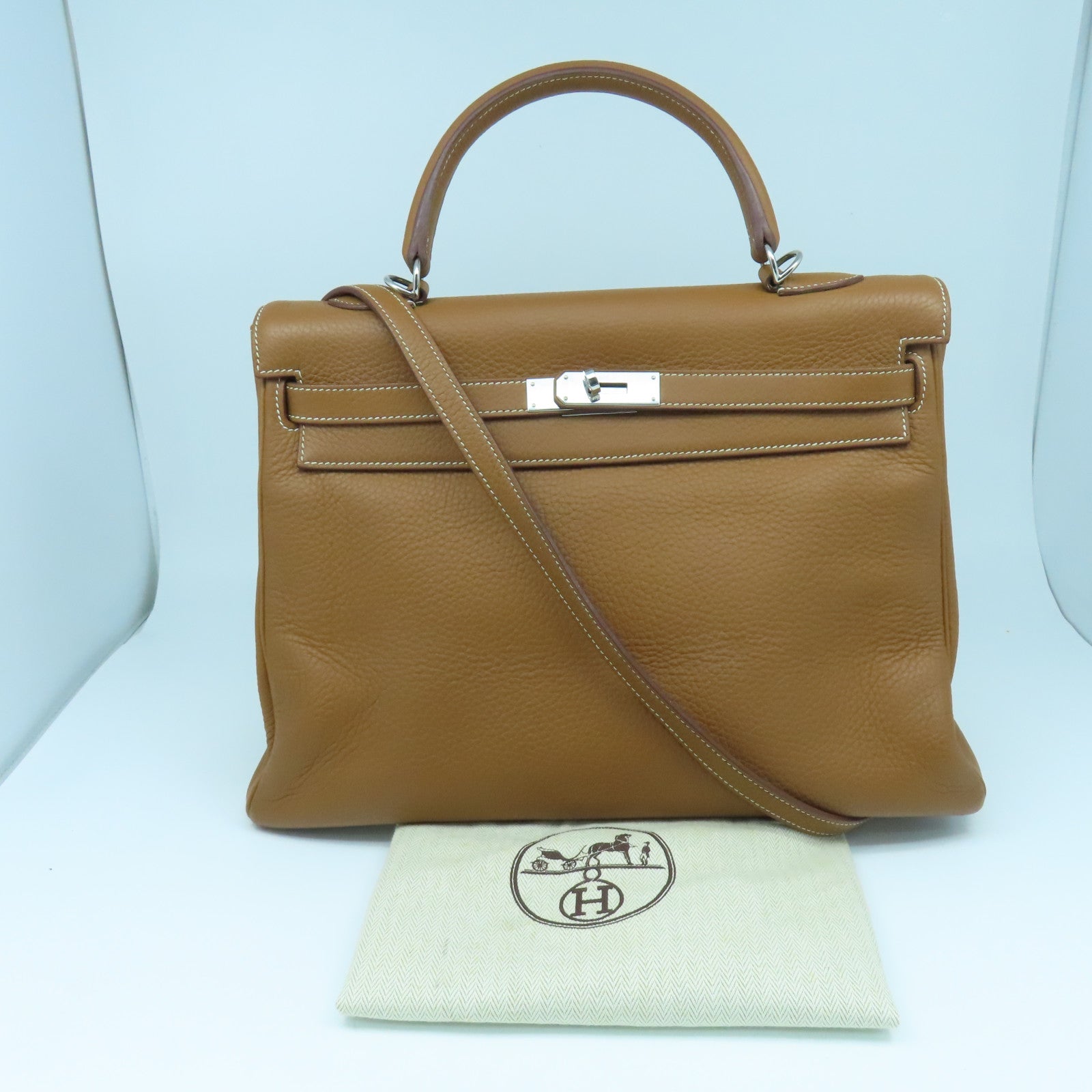 HERMES Clemence皮革Kelly 35銀扣手挽肩背兩用袋經典駝色