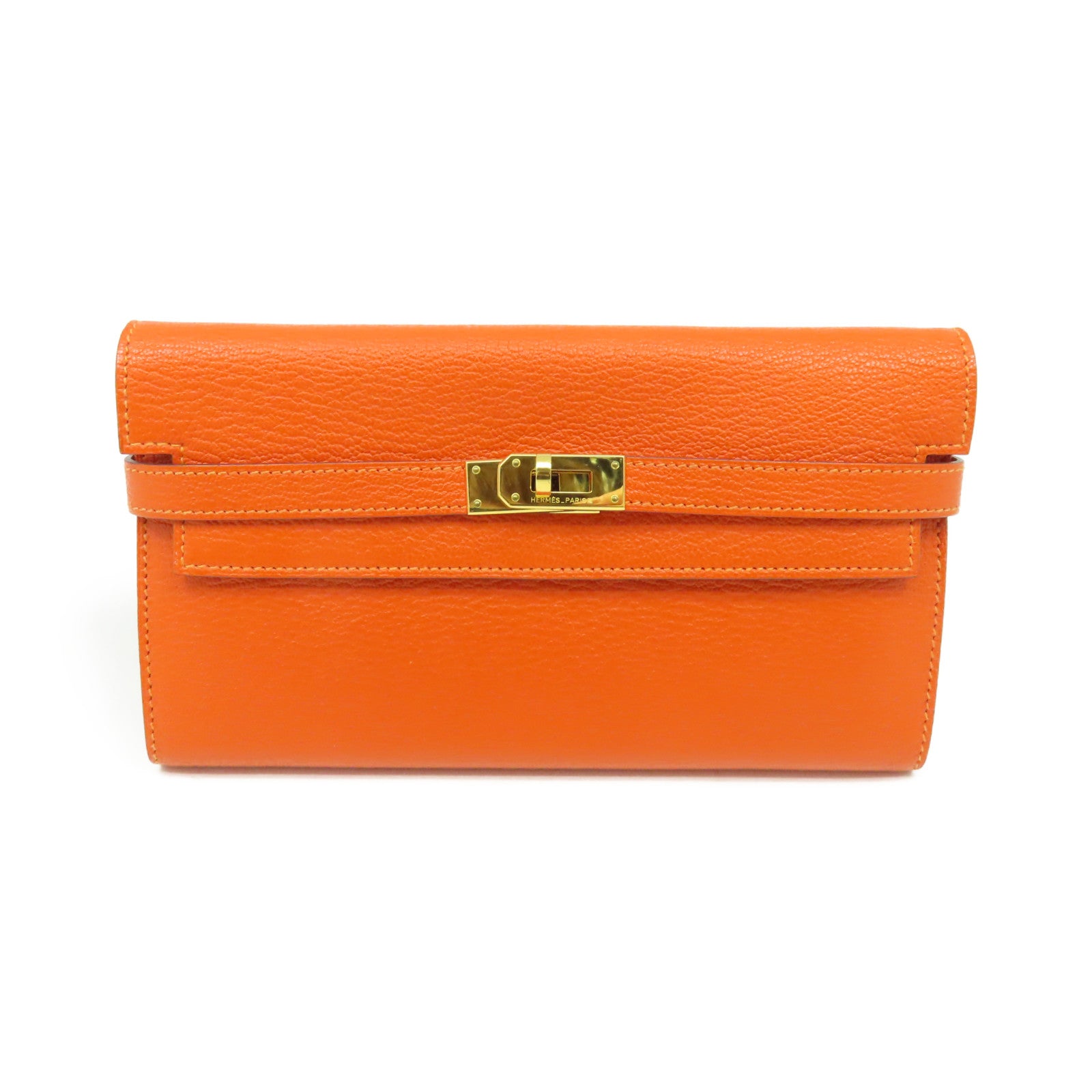 HERMES Epsom皮革Kelly Wallet金扣長錢包橘色